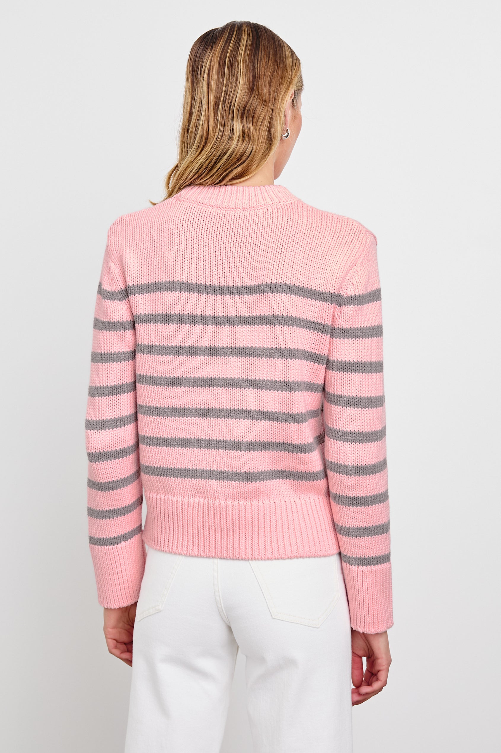 Alise Long-Sleeve Sweater with a Crew Neck and Ribbed Trim in Pink Heather Stripe Colorway, horizontal stripes - Back View Featured on Model