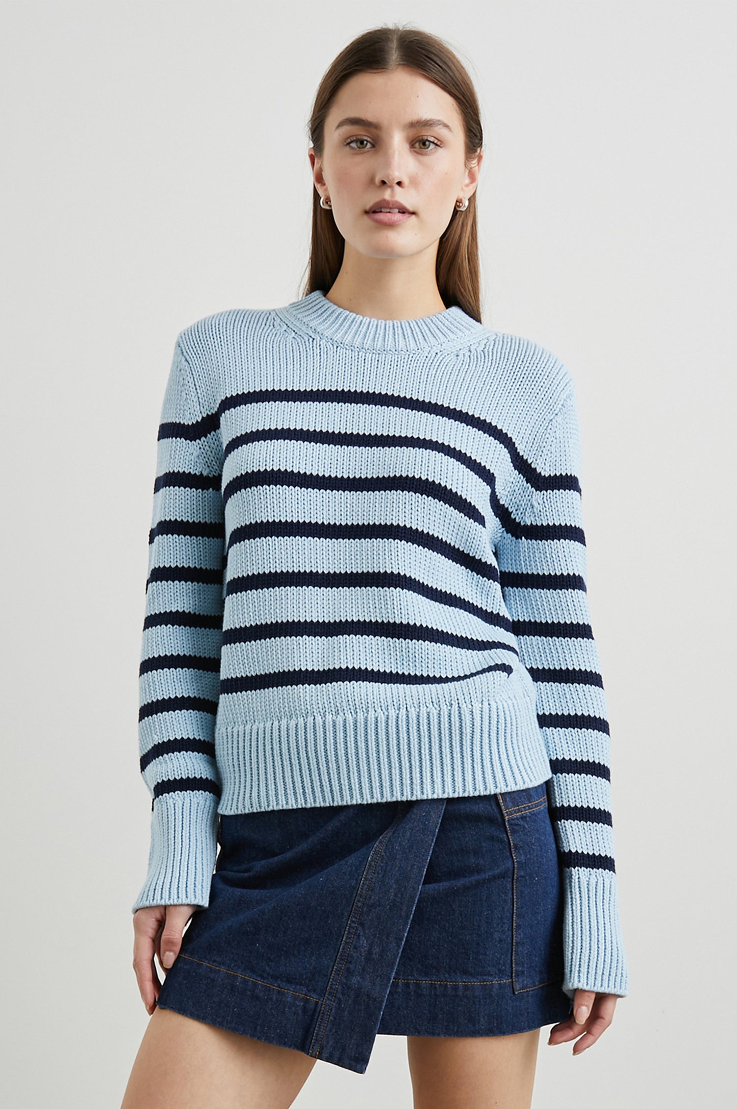 Alise Long-Sleeve Sweater with a Crew Neck and Ribbed Trim in Sky Navy Stripe Colorway, horizontal stripes - Front View Featured on Model