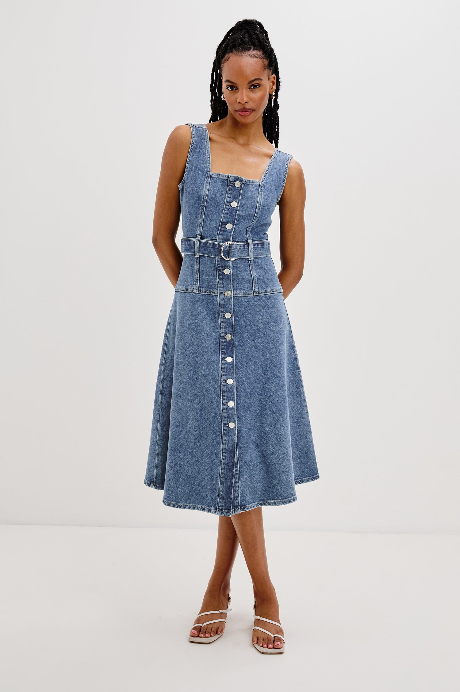 Aliso Denim Midi Dress with Square Neckline, Exposed Button Front, Belt Loops and a Self Belt with Metal D-Ring in Pacific Coast Colorway. Front View Shown on Model.