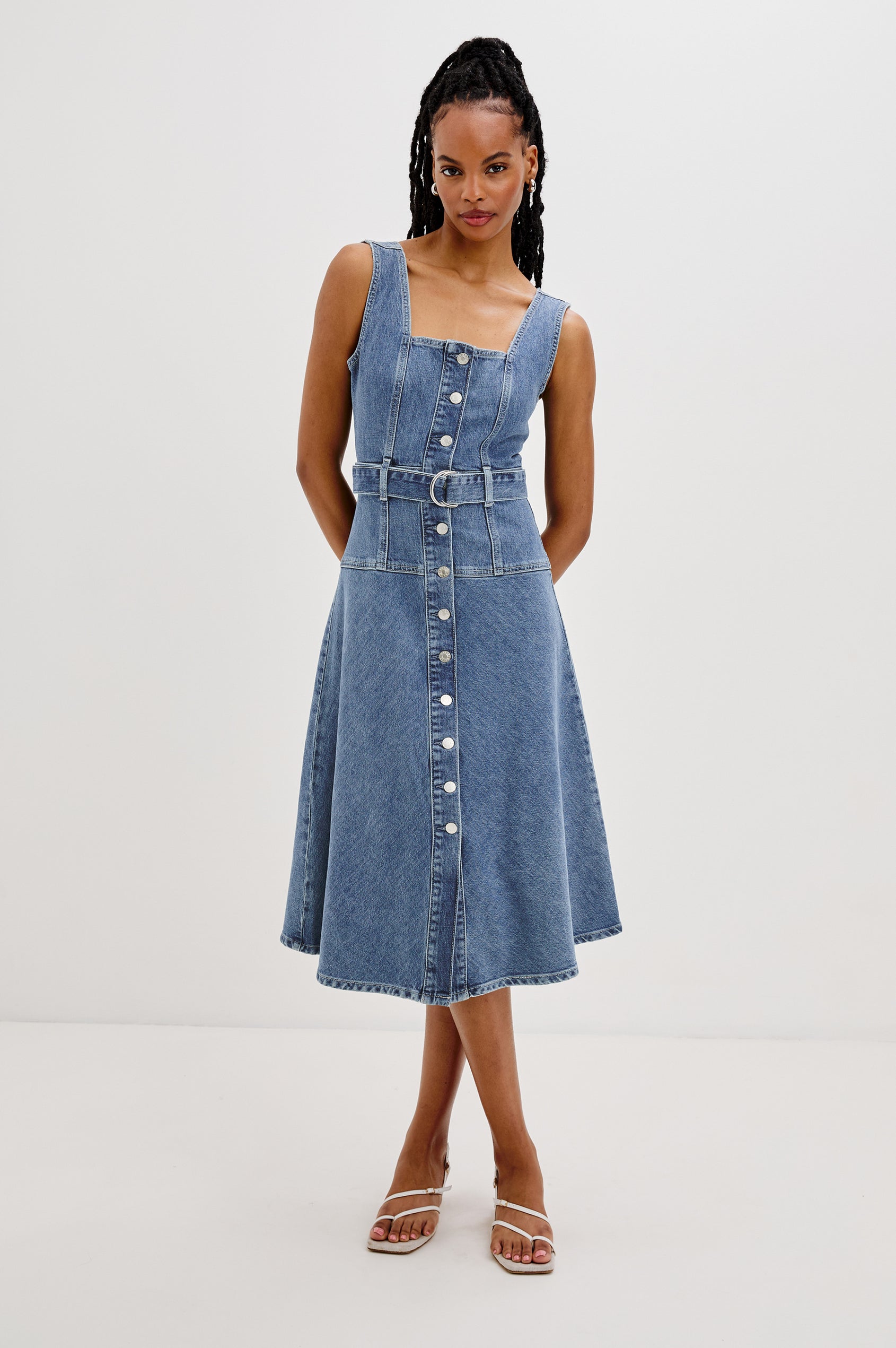 Aliso Denim Midi Dress with Square Neckline, Exposed Button Front, Belt Loops and a Self Belt with Metal D-Ring in Pacific Coast Colorway. Front View Shown on Model.