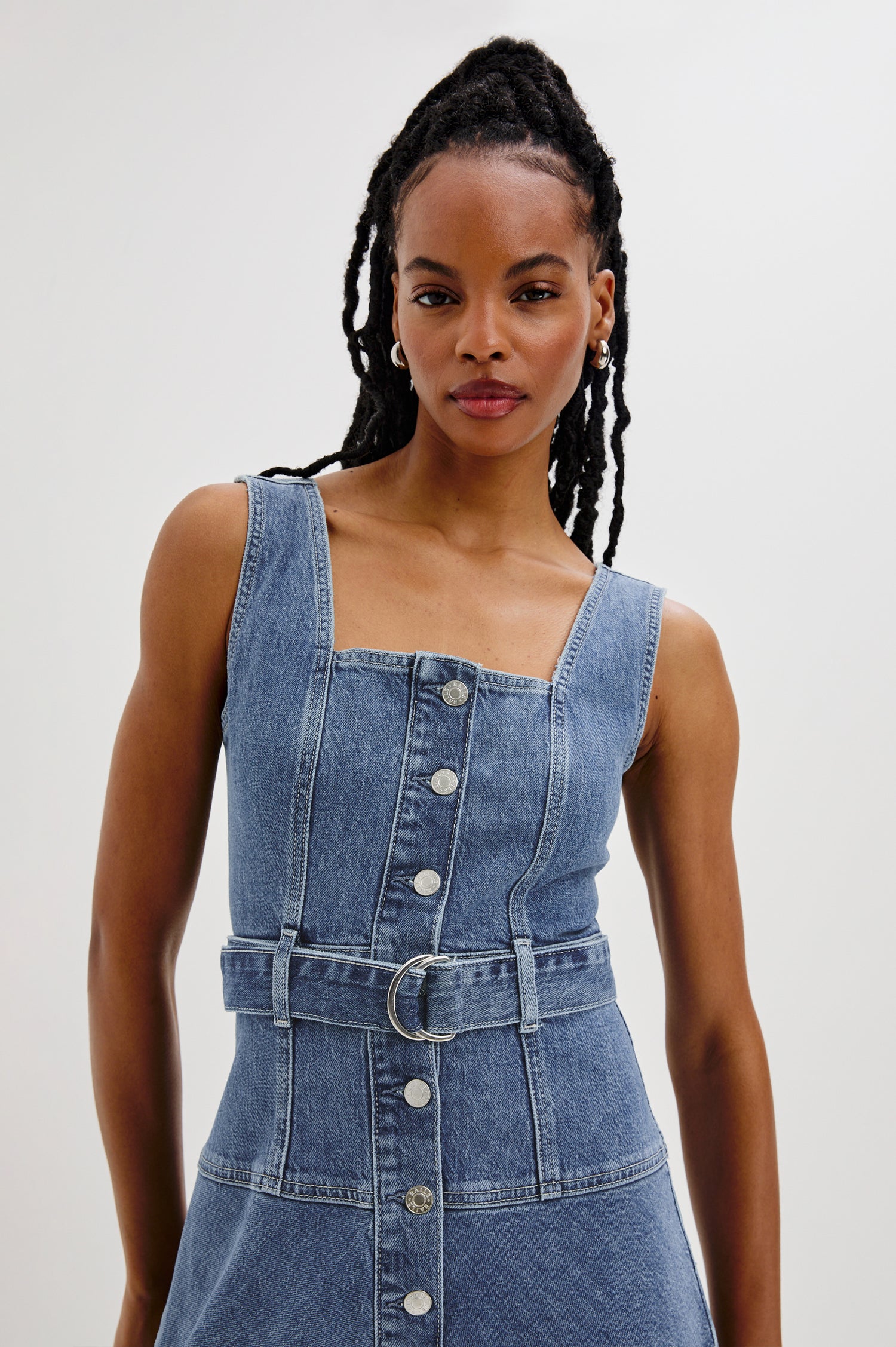 Aliso Denim Midi Dress with Square Neckline, Exposed Button Front, Belt Loops and a Self Belt with Metal D-Ring in Pacific Coast Colorway. Front View Shown on Model.