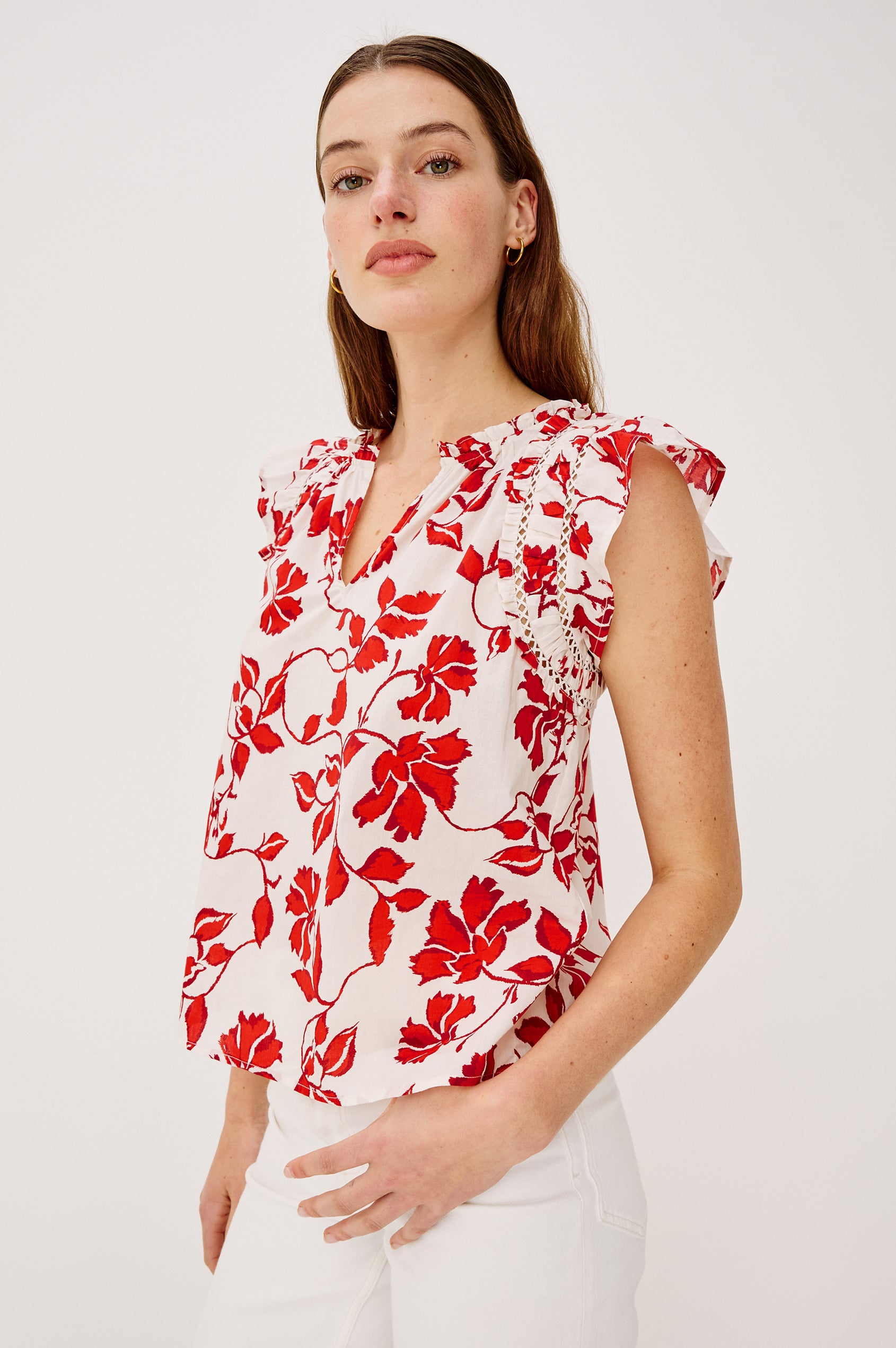 Allea Top in Poplin With Relaxed Fit Split V-Neck. Flutter Sleeves With Contrast Stitcing and Lattice Cutwork in Red Jasmine Colorway - Full Body Front View Featured on Model