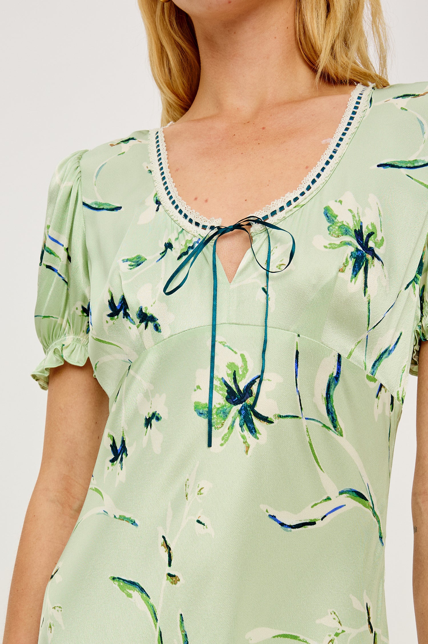 Allison Milkmaid-Inspired Maxi Dress in Satin Crepe Bias Cut With Short Puff Sleeves, Lace Scoop Neckline, and Ribbon Trim in Mint Linnea Colorway - Upper Body Close Up View of Model Featured