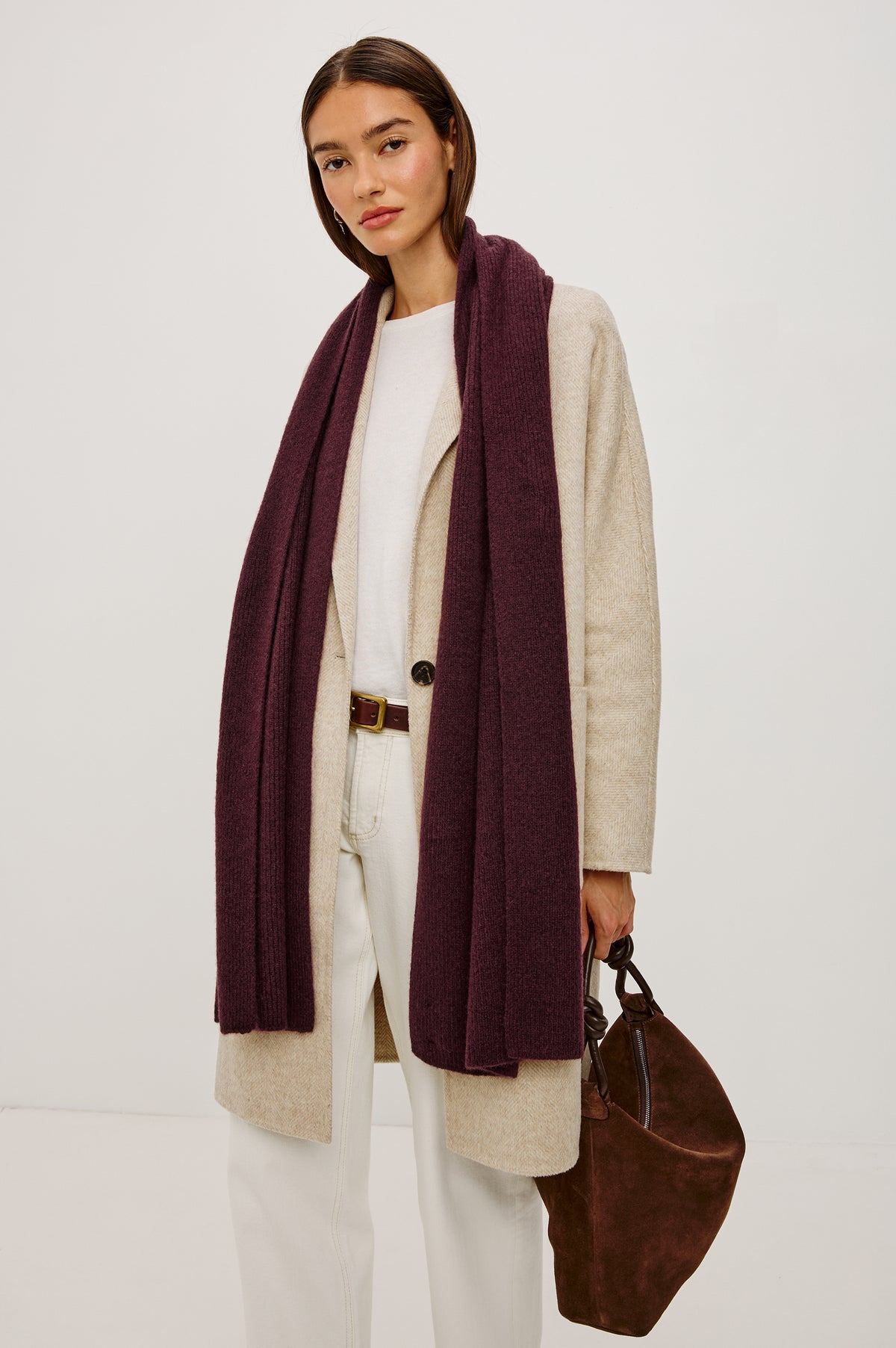 Alps Oversized Scarf in Ribbed Silk Cashmere Blend in Wine Colorway - Upper Body Front View Featured on Model