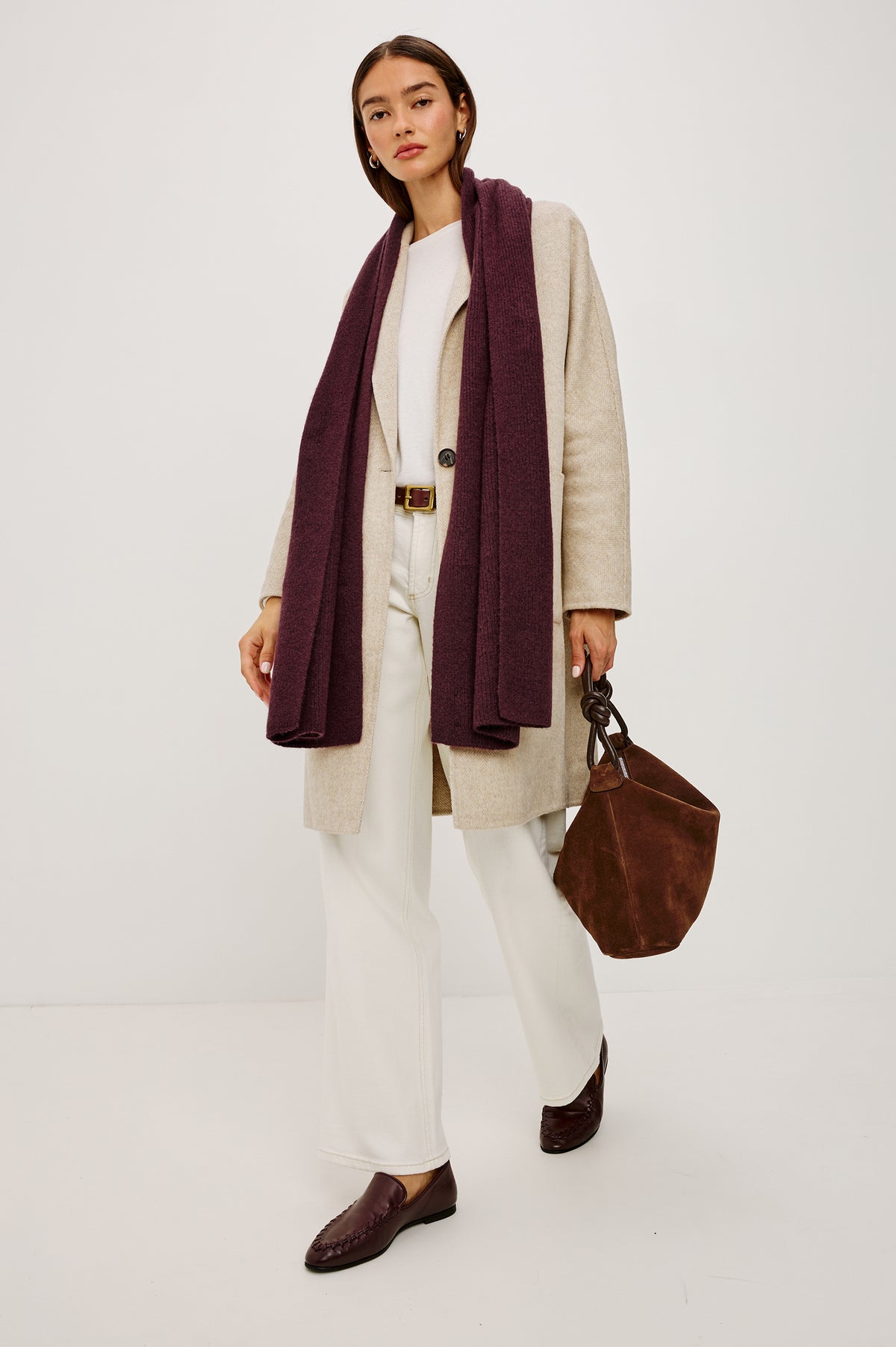 Alps Oversized Scarf in Ribbed Silk Cashmere Blend in Wine Colorway - Full Body Front View Featured on Model