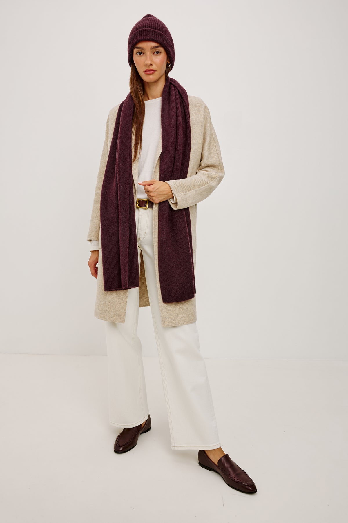 Alps Oversized Scarf in Ribbed Silk Cashmere Blend in Wine Colorway - Full Body Front View Featured on Model