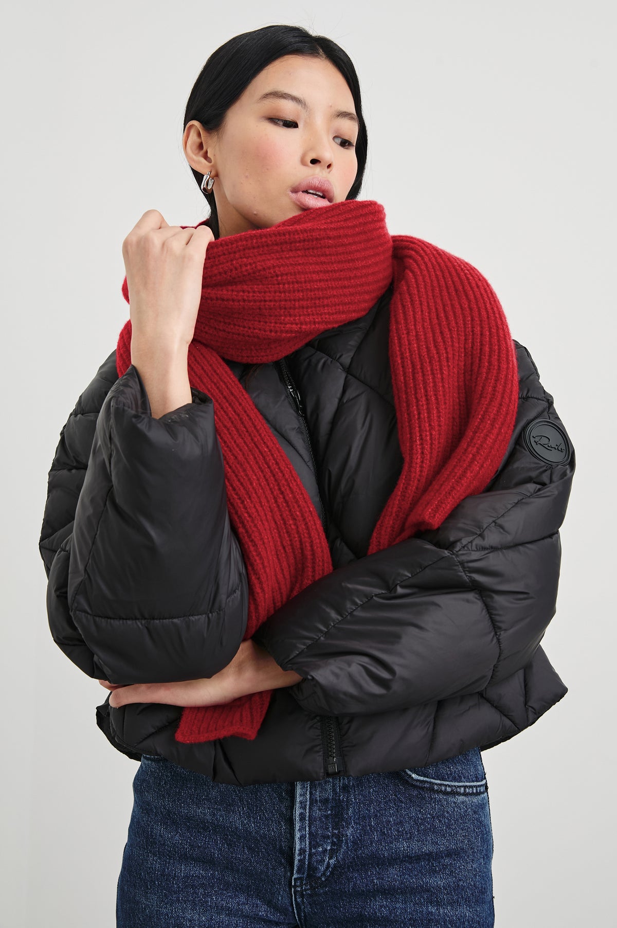Alps Cashmere Silk Scarf in Merlot Colorway - Front View Featured on Model