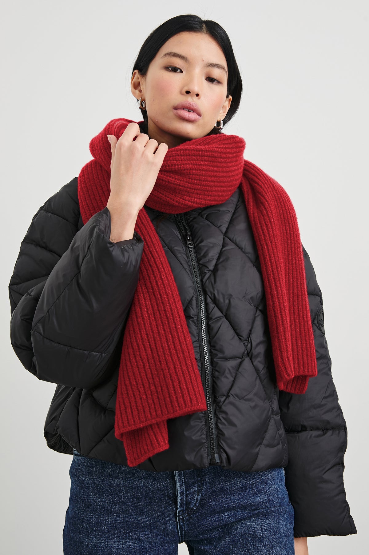Alps Cashmere Silk Scarf in Merlot Colorway - Front View Featured on Model