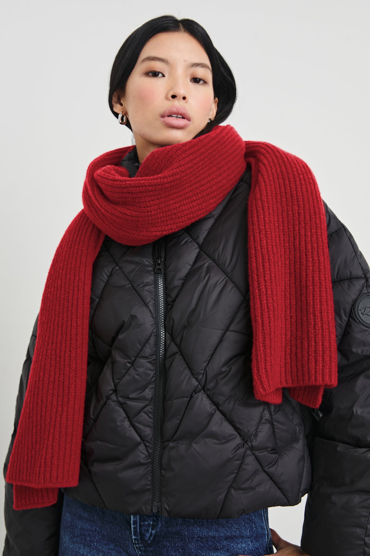 Alps Cashmere Silk Scarf in Merlot Colorway - Front View Featured on Model