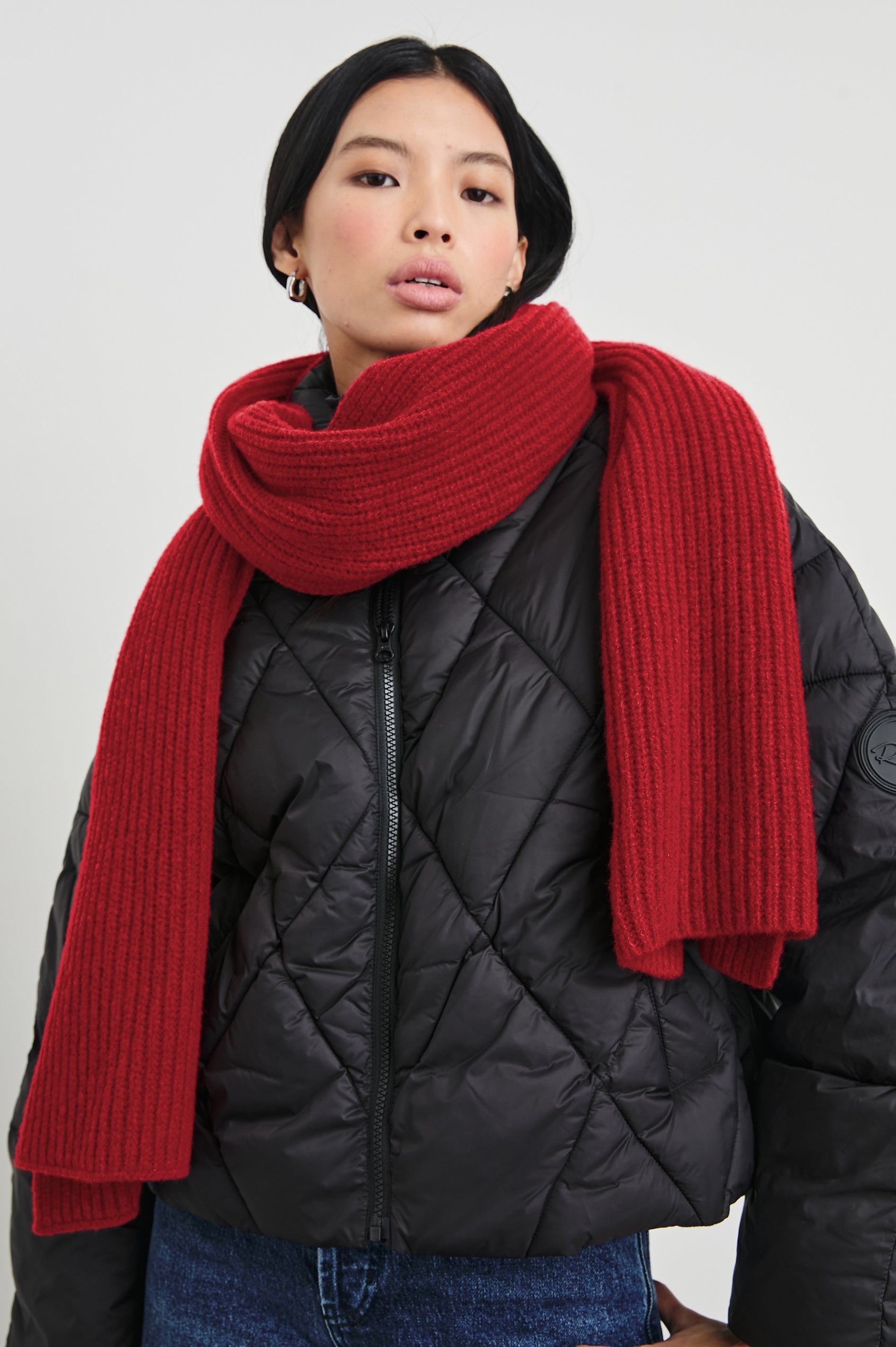 Alps Cashmere Silk Scarf in Merlot Colorway - Front View Featured on Model