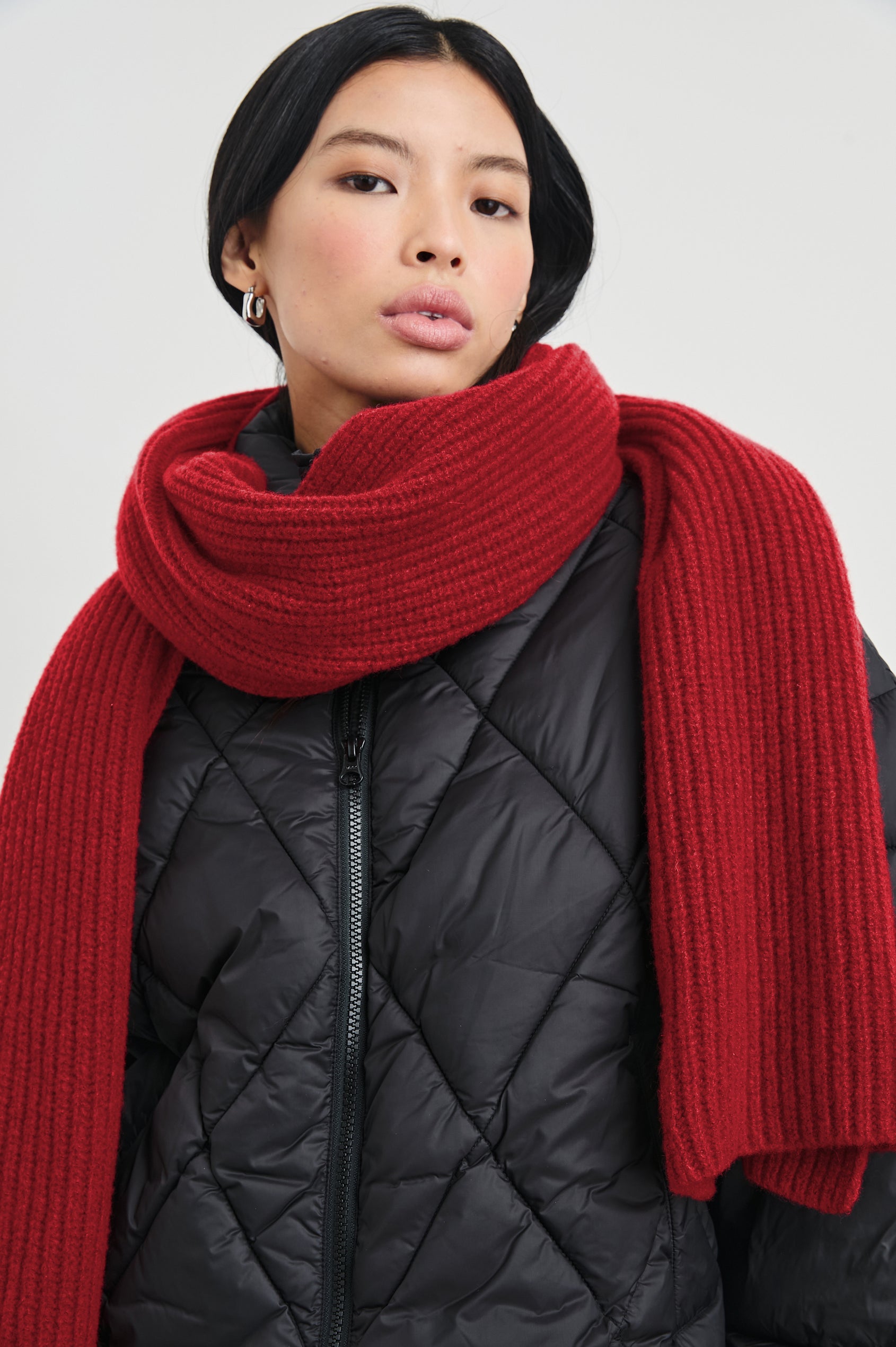 Alps Cashmere Silk Scarf in Merlot Colorway - Front View Featured on Model