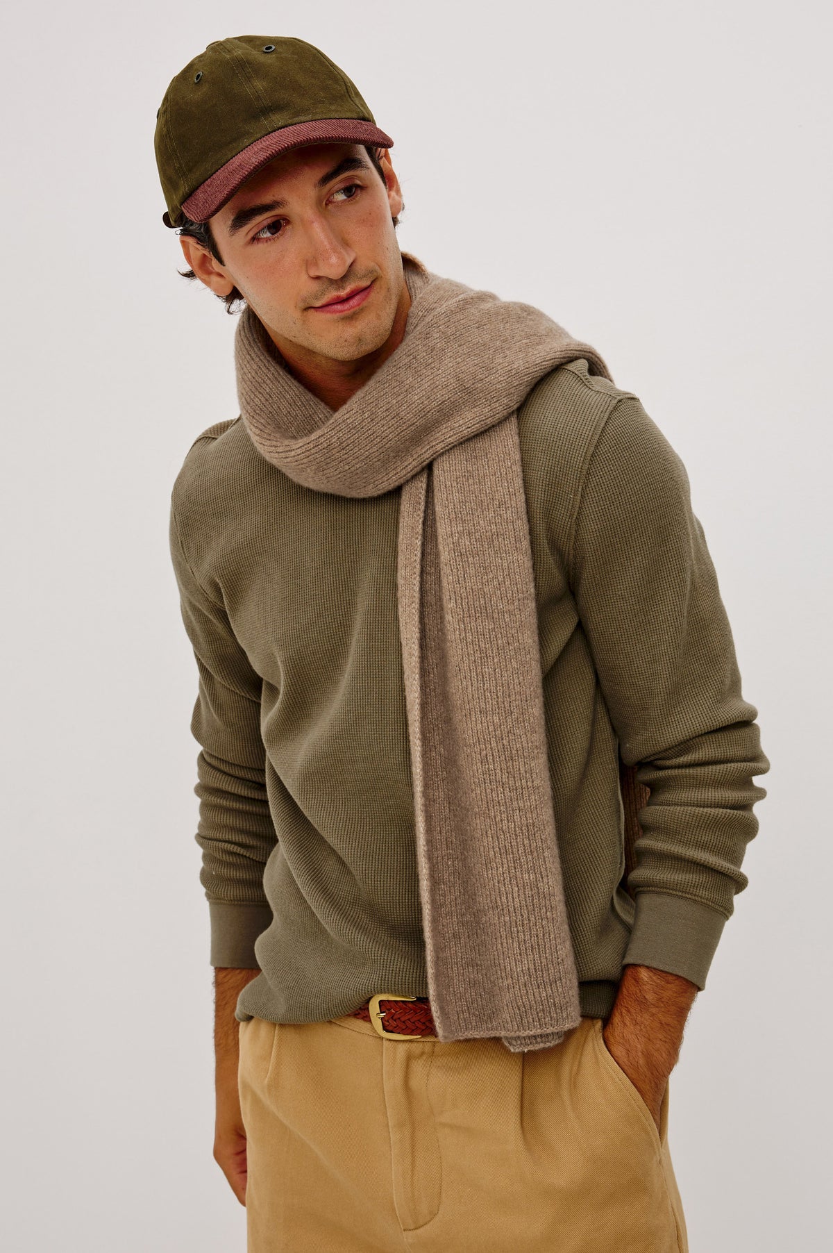 Alps Cashmere Silk Scarf in Thunder Grey Colorway - Upper Body Front View Featured on Model.