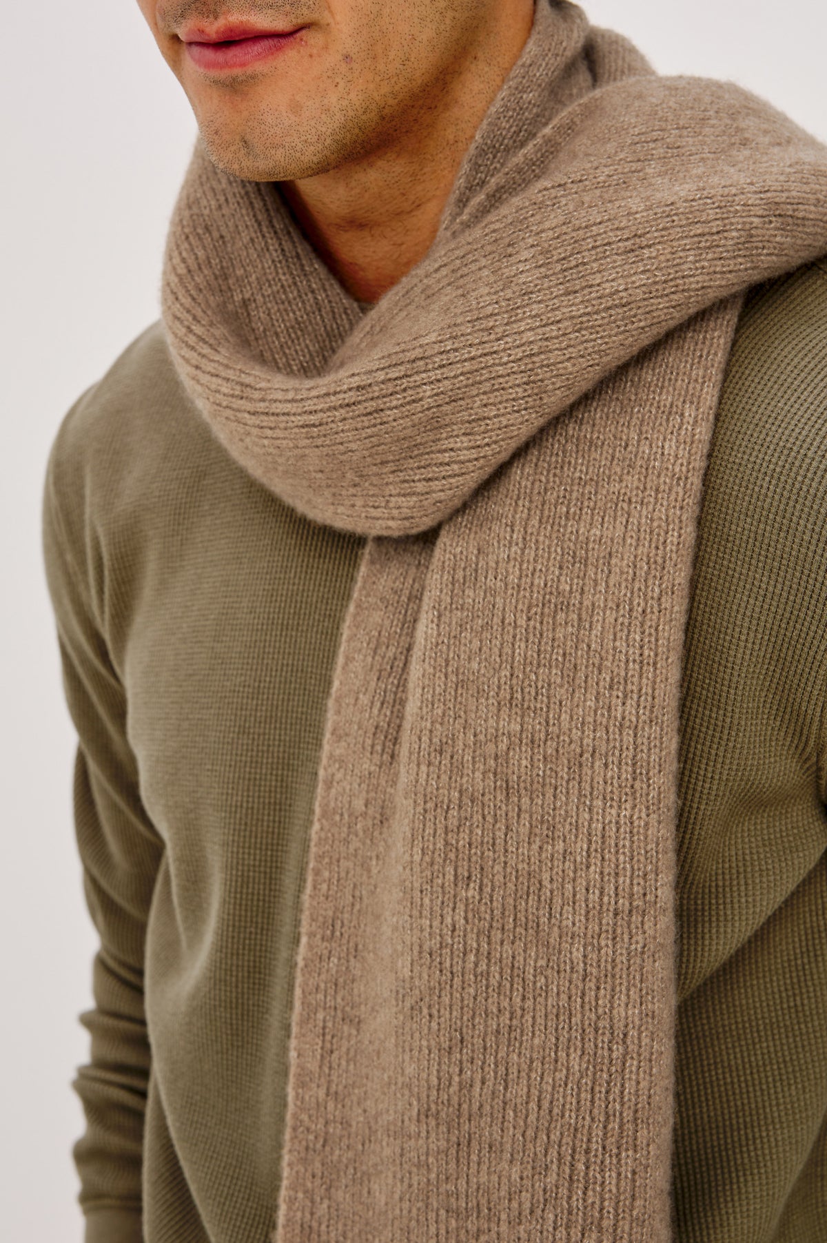 Alps Cashmere Silk Scarf in Thunder Grey Colorway - Upper Body Front Detail View Featured on Model.