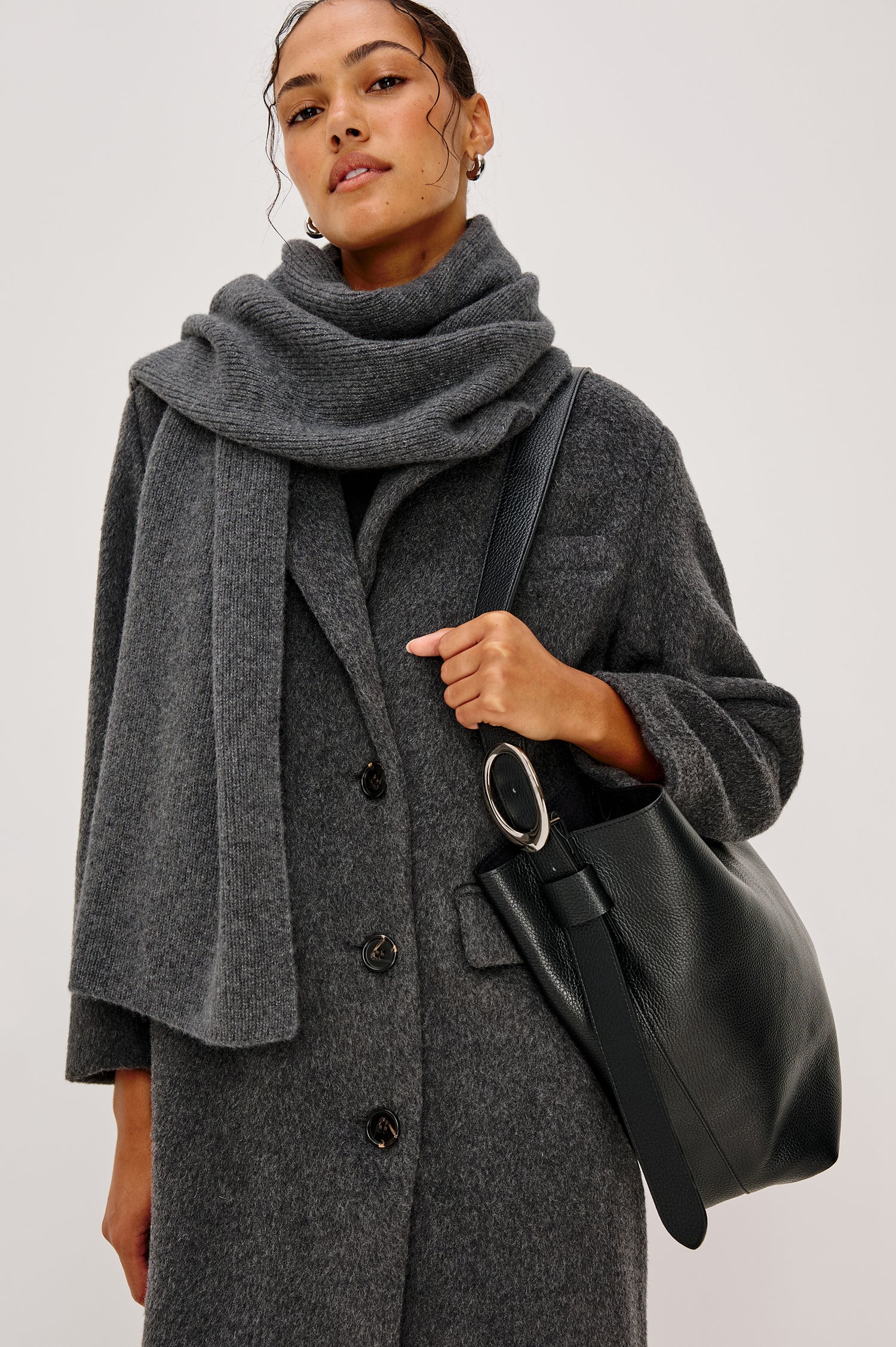 Alps cashmere silk scarf in Thunder grey colorway. Front view featured on model.