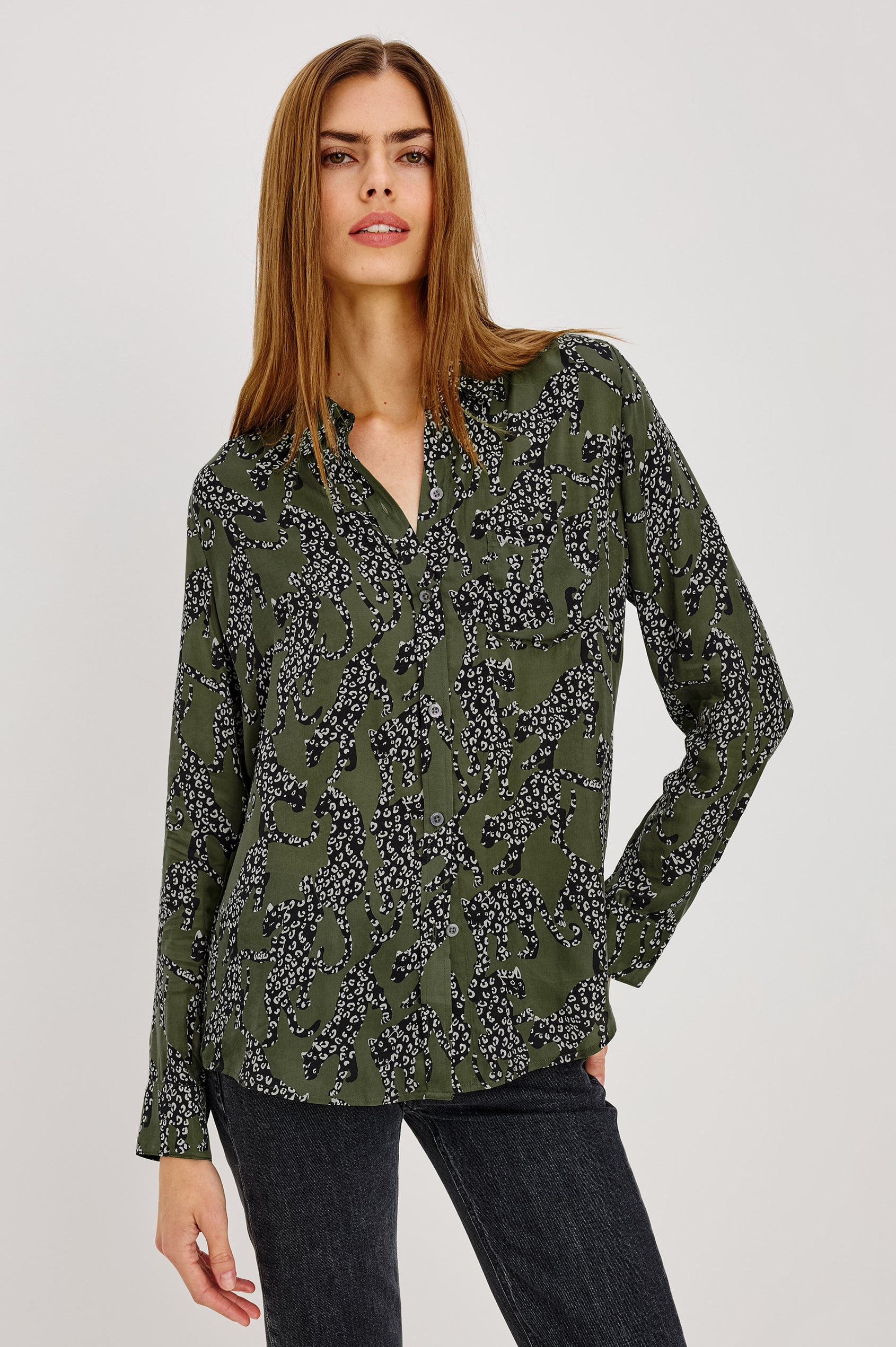 Alyssa Shirt in Luxe Lightweight Cupro With Loose Fit, Collar, Front Buttons, Long Sleeves, and Curved Back Hem in Olive Jaguar Colorway - Upper Body Front View Featured on Model
