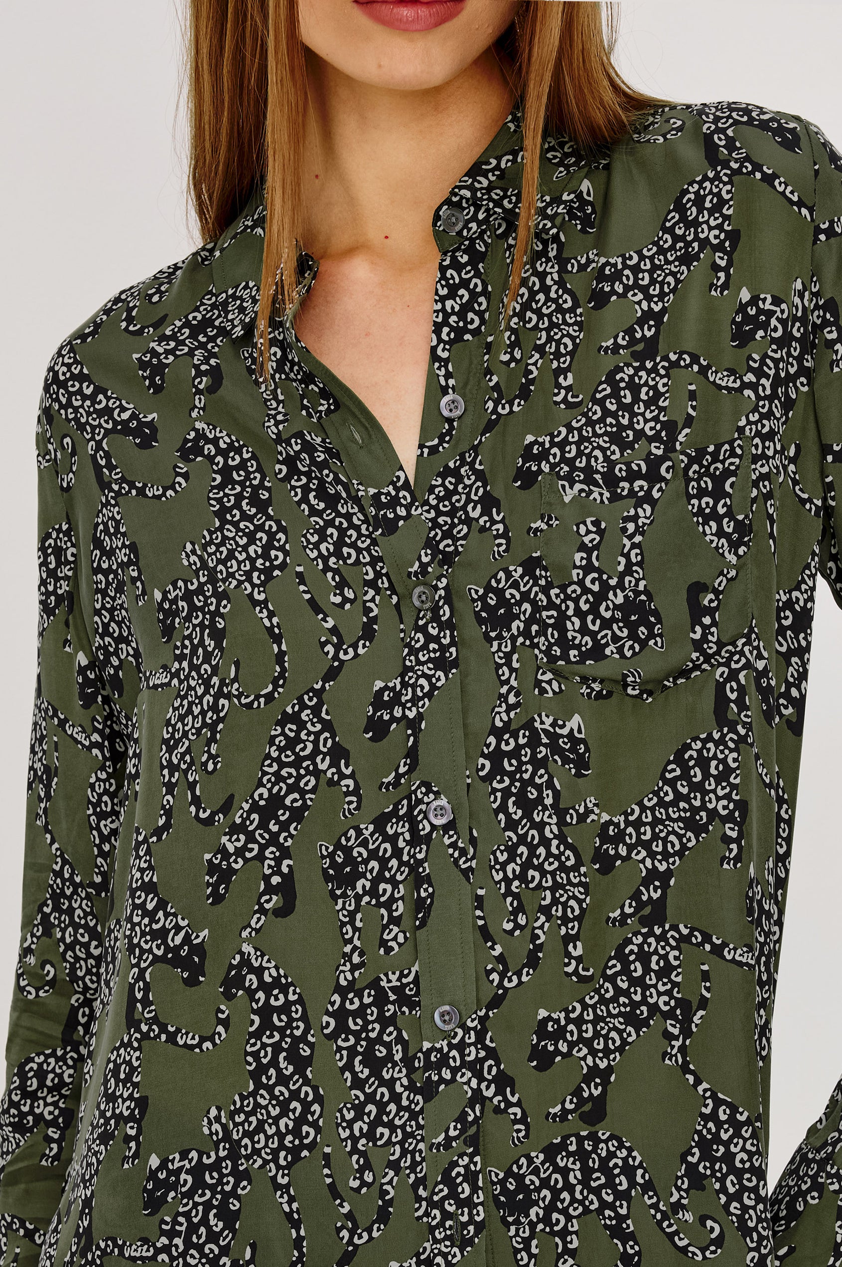 Alyssa Shirt in Luxe Lightweight Cupro With Loose Fit, Collar, Front Buttons, Long Sleeves, and Curved Back Hem in Olive Jaguar Colorway - Upper Body Front View Featured on Model