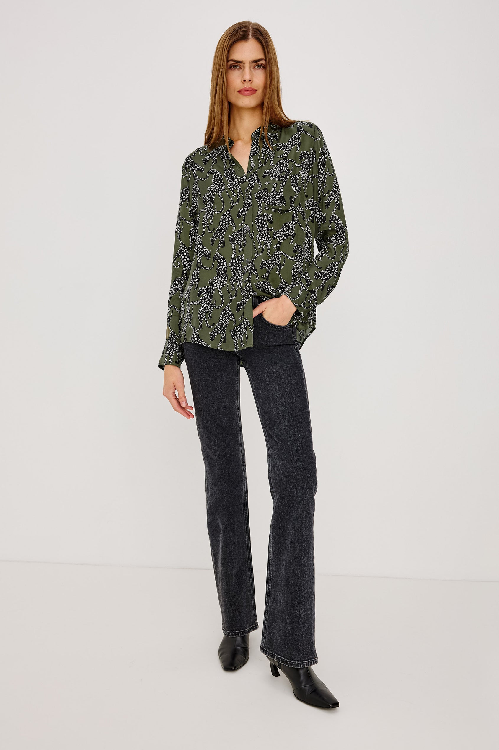 Alyssa Shirt in Luxe Lightweight Cupro With Loose Fit, Collar, Front Buttons, Long Sleeves, and Curved Back Hem in Olive Jaguar Colorway - Full Body Front View Featured on Model