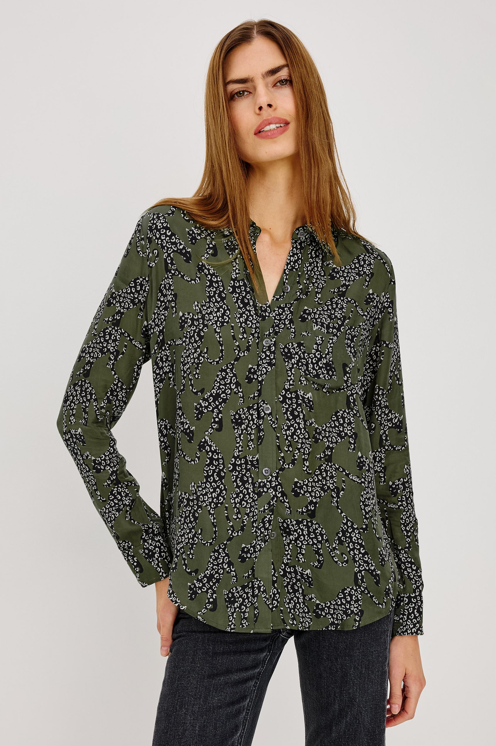Alyssa Shirt in Luxe Lightweight Cupro With Loose Fit, Collar, Front Buttons, Long Sleeves, and Curved Back Hem in Olive Jaguar Colorway - Upper Body Front View Featured on Model