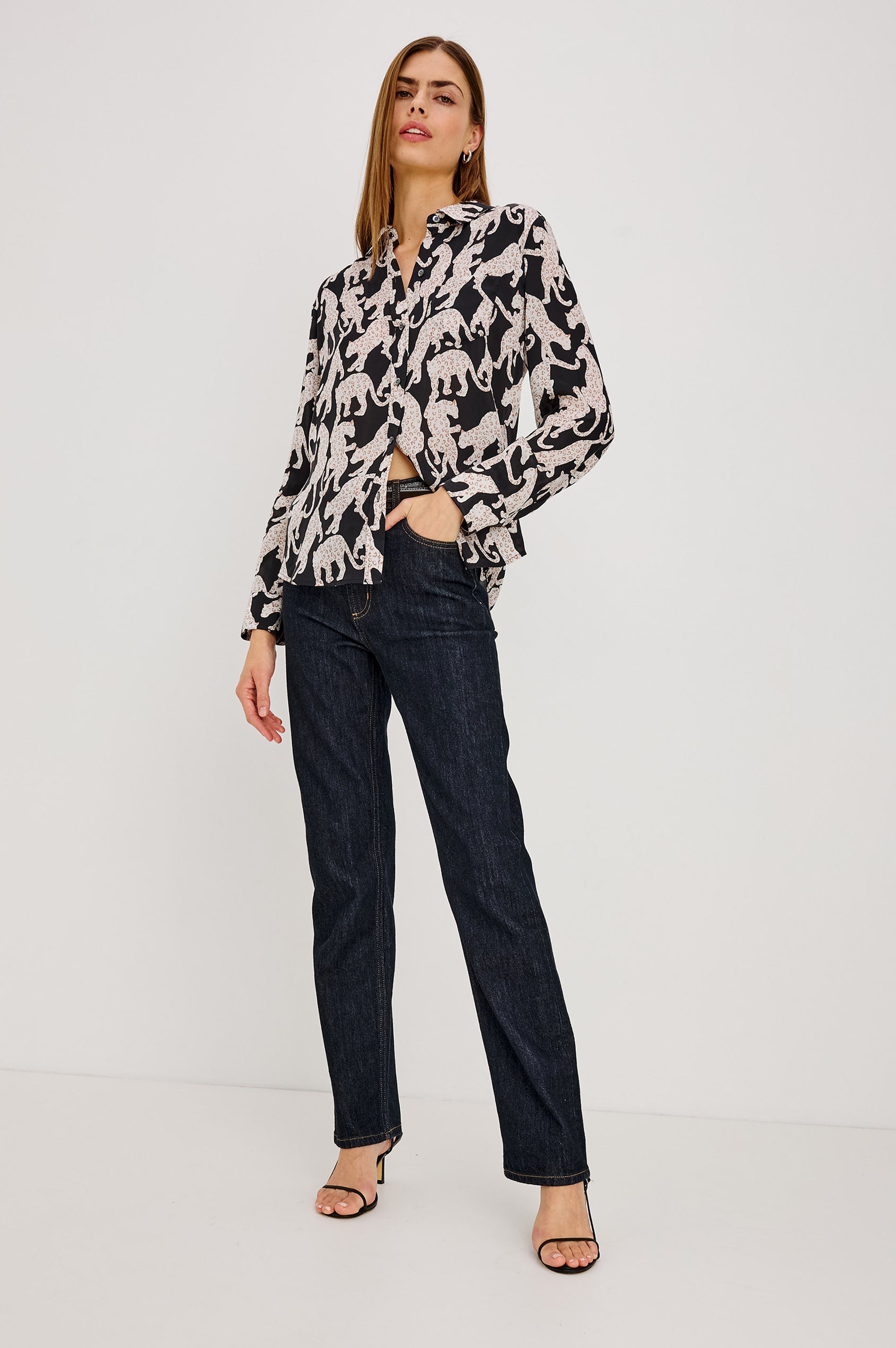 Alyssa Shirt in Luxe Lightweight Cupro With Loose Fit, Collar, Front Buttons, Long Sleeves, and Curved Back Hem in Onyx Jaguar Colorway - Full Body Front View Featured on Model