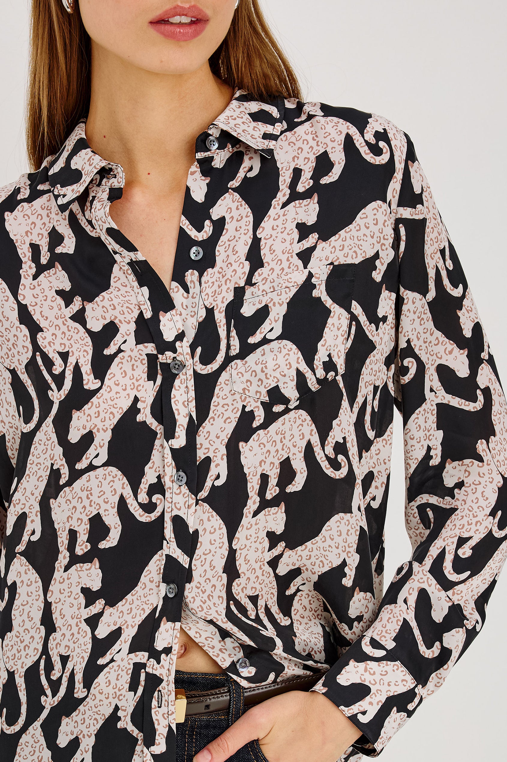 Alyssa Shirt in Luxe Lightweight Cupro With Loose Fit, Collar, Front Buttons, Long Sleeves, and Curved Back Hem in Onyx Jaguar Colorway - Crop Detail Front View Featured on Model