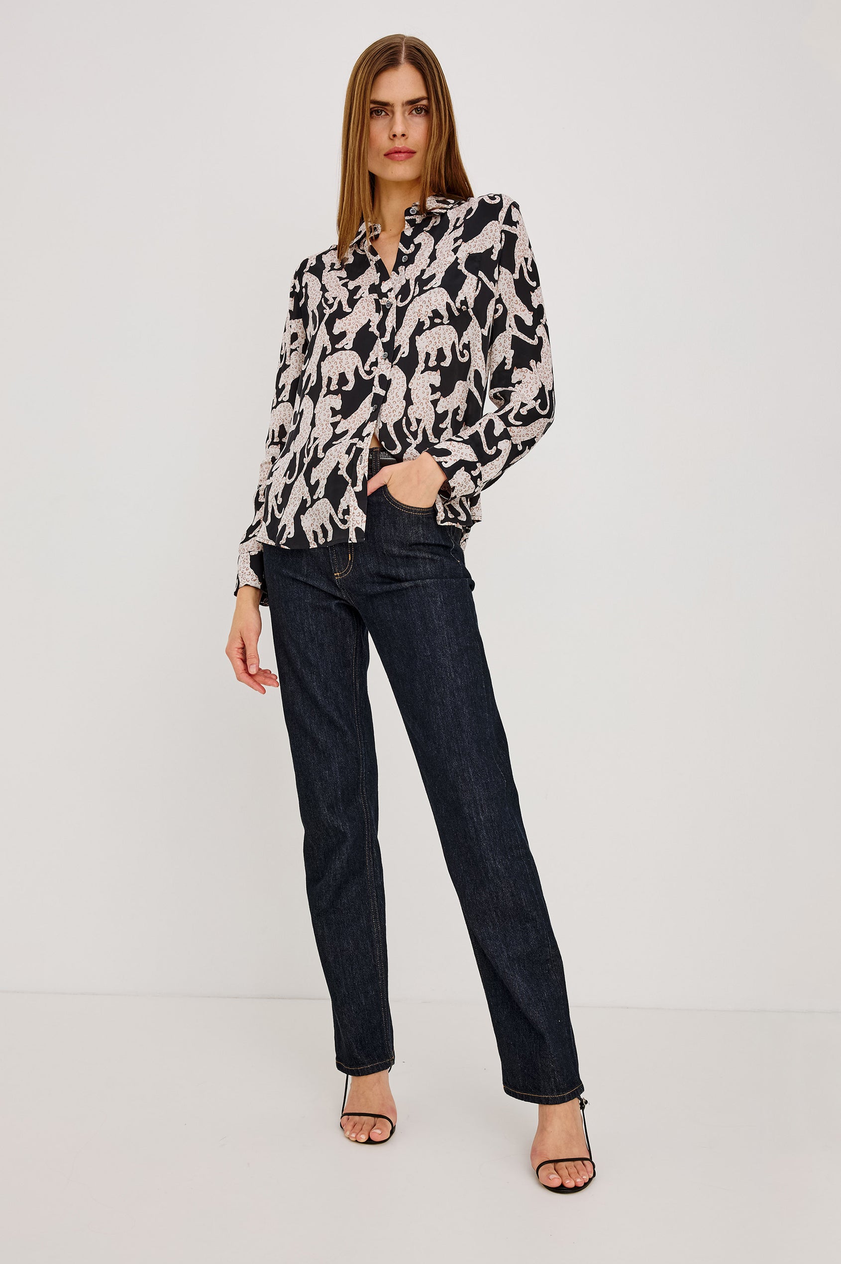 Alyssa Shirt in Luxe Lightweight Cupro With Loose Fit, Collar, Front Buttons, Long Sleeves, and Curved Back Hem in Onyx Jaguar Colorway - Full Body Front View Featured on Model