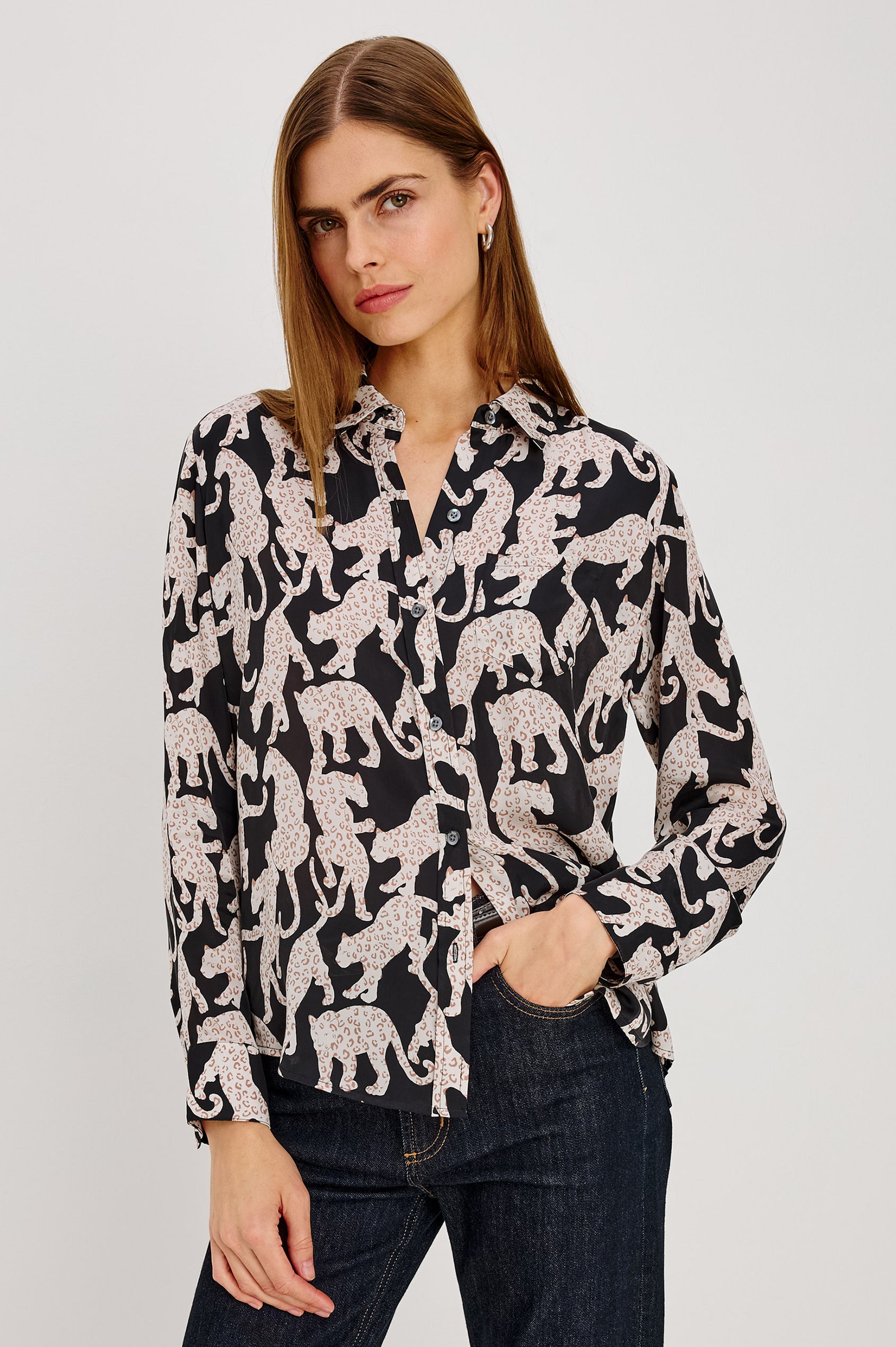 Alyssa Shirt in Luxe Lightweight Cupro With Loose Fit, Collar, Front Buttons, Long Sleeves, and Curved Back Hem in Onyx Jaguar Colorway - Crop Front View Featured on Model