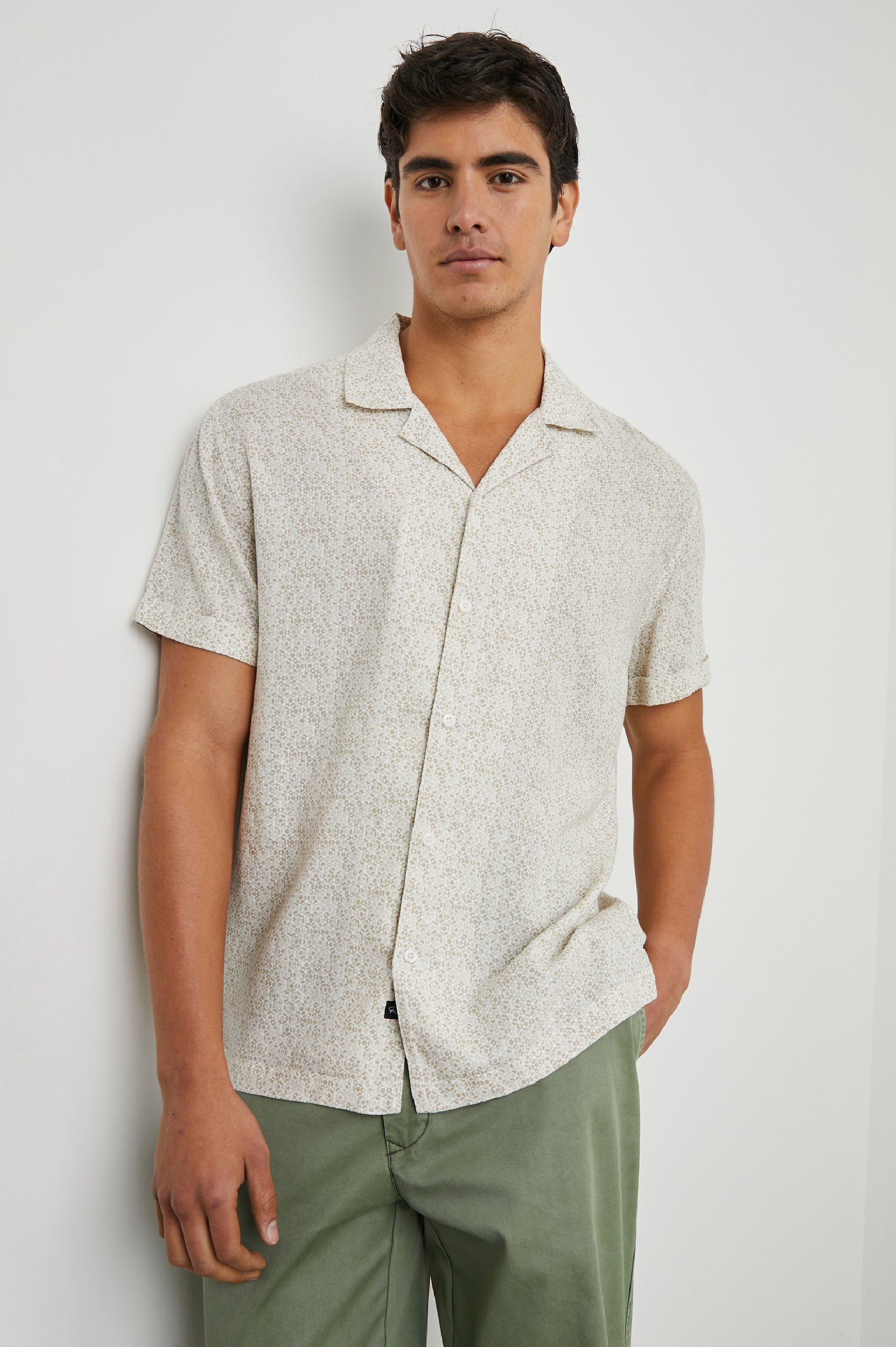 Amalfi Short-Sleeve Button Up in Painted Tile Khaki Colorway, geometric pattern in browns on khaki - Front View Featured on Model
