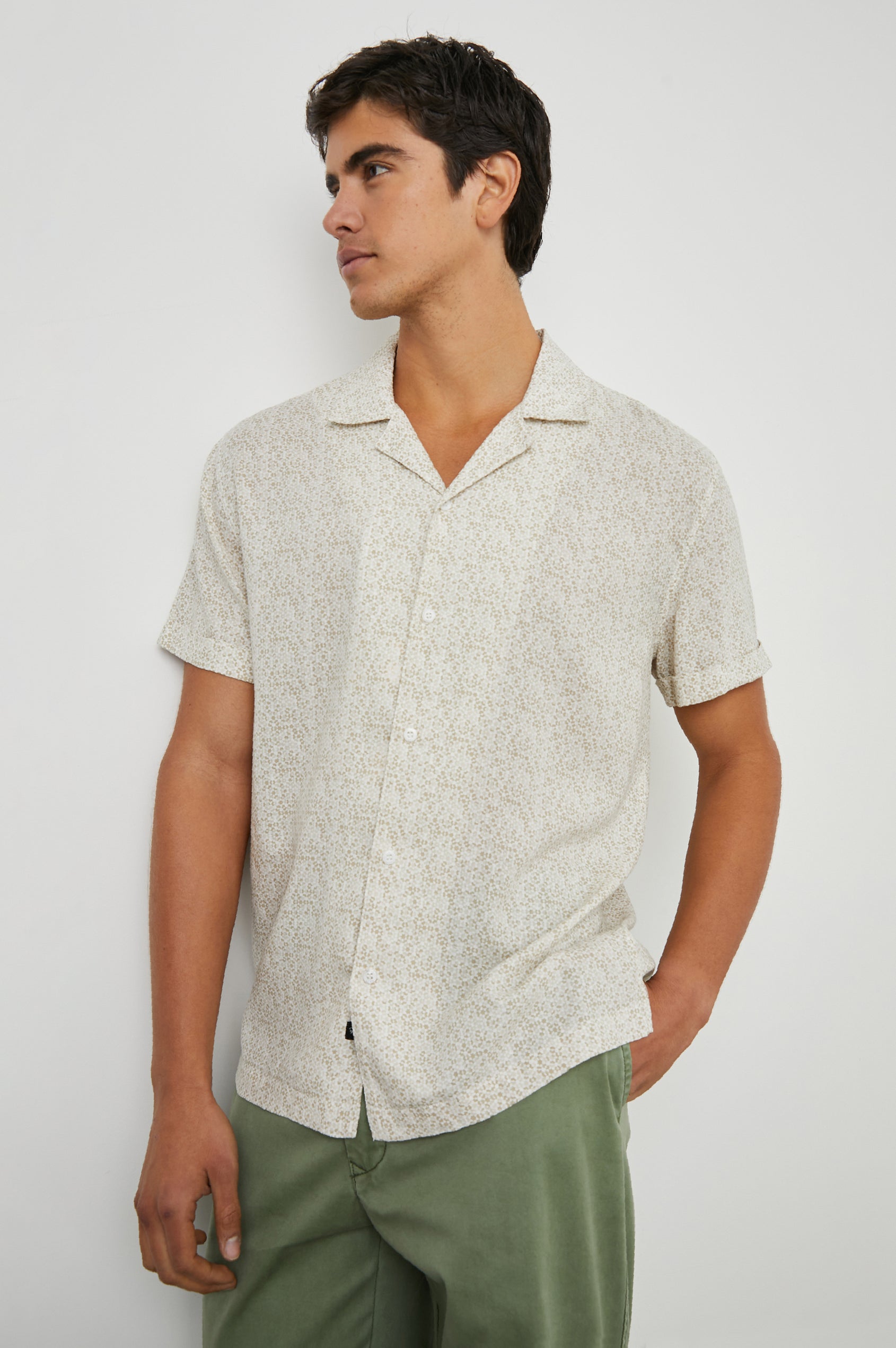 Amalfi Short-Sleeve Button Up in Painted Tile Khaki Colorway, geometric pattern in browns on khaki - Front View Featured on Model