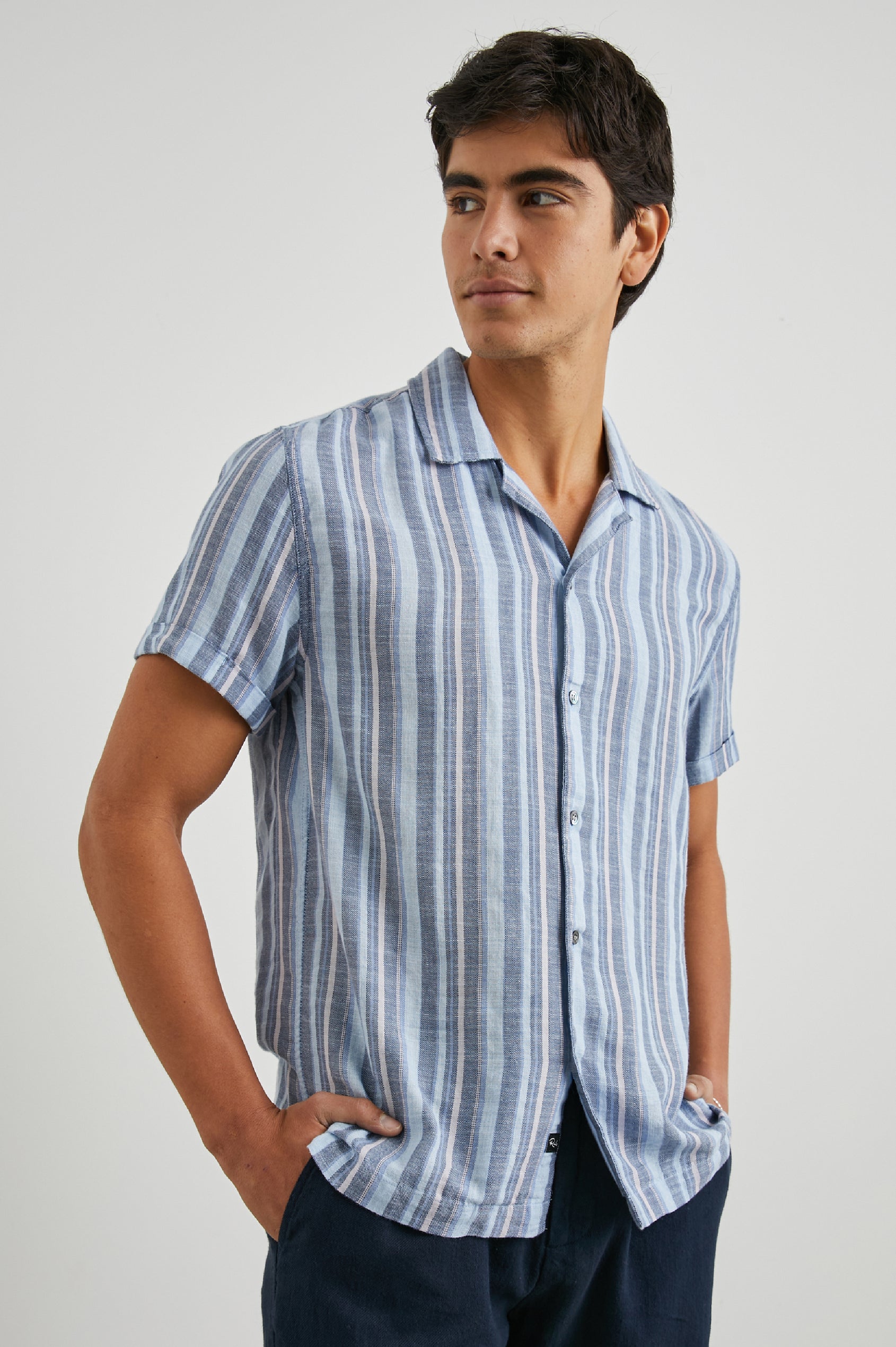 Amalfi Short-Sleeve Button Up in Powder Cobalt Stripe Colorway, vertical stripes in powder, cobalt and petal - Front View Featured on Model
