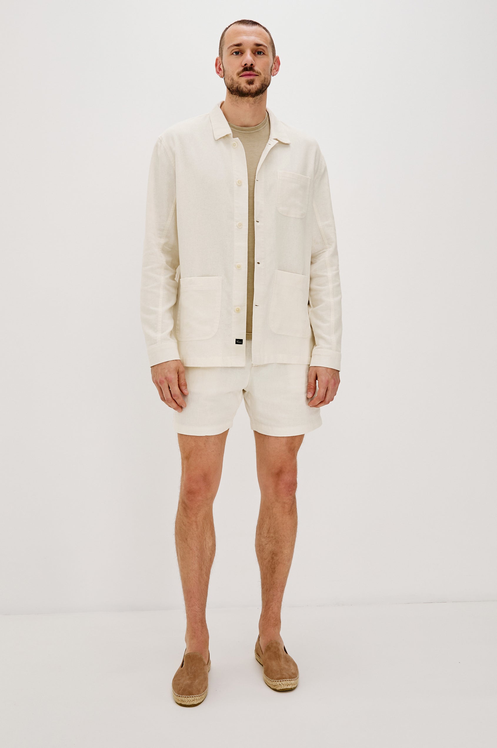 Ambrose Button Front Chore Jacket with front Patch Pockets in Ecru Colorway. Full Body Front View Shown on Model.