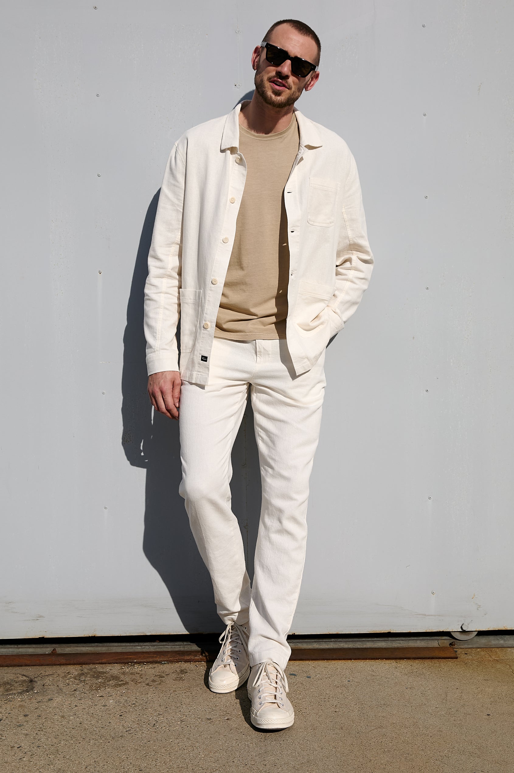 Ambrose Button Front Chore Jacket with front Patch Pockets in Ecru Colorway. Full Body Front View Shown on Model.