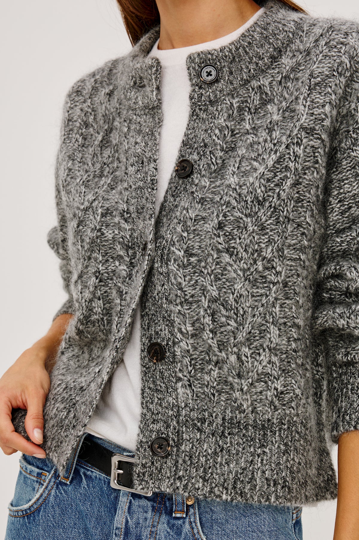 Amelie Cardigan in Cable Knit Wool-Cotton Blend, Crewneck, and Front Button Closure in Grey Colorway - Upper Body Front Close Up View Featured on Model