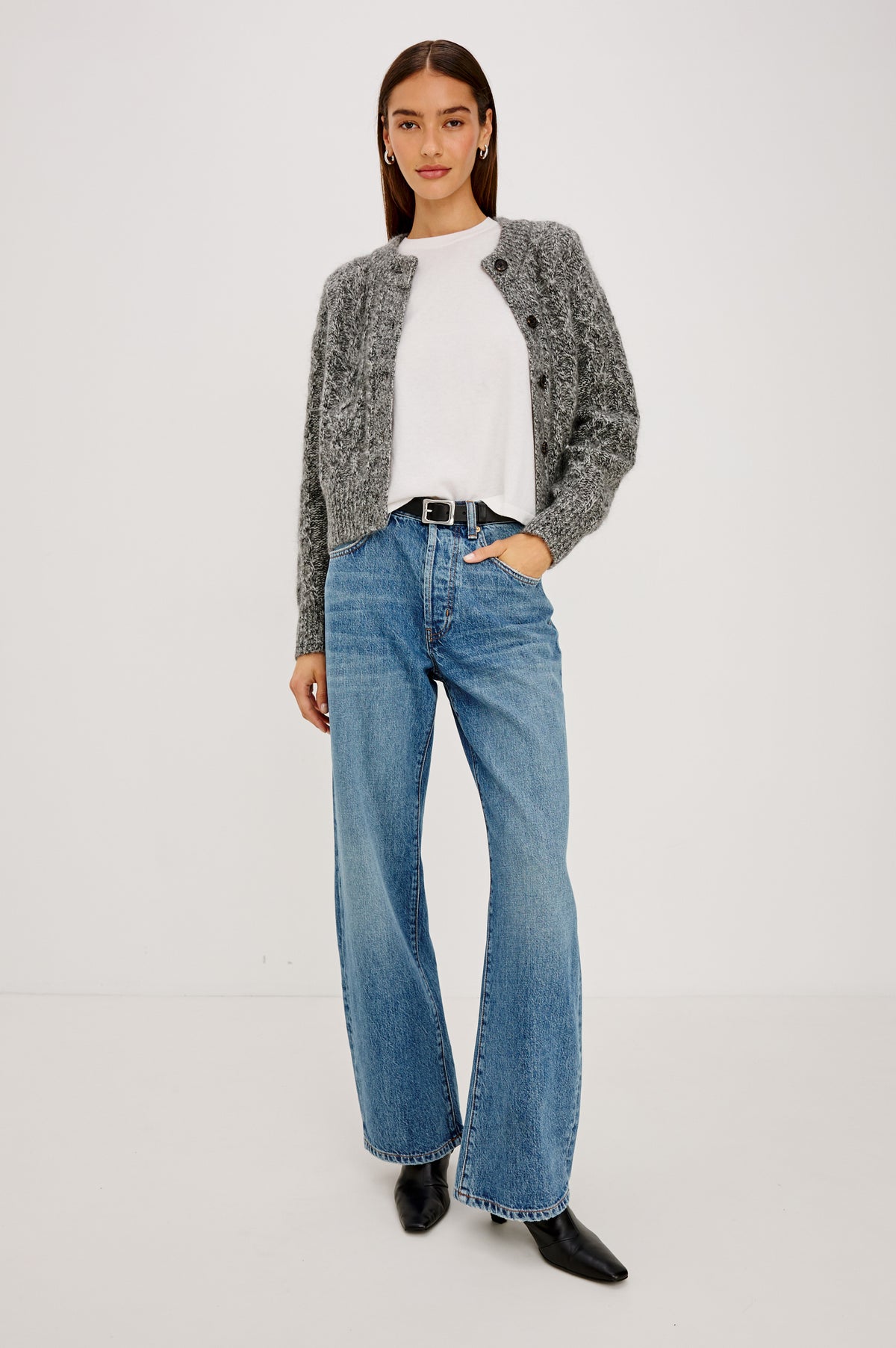 Amelie Cardigan in Cable Knit Wool-Cotton Blend, Crewneck, and Front Button Closure in Grey Colorway - Full Body Front View Featured on Model