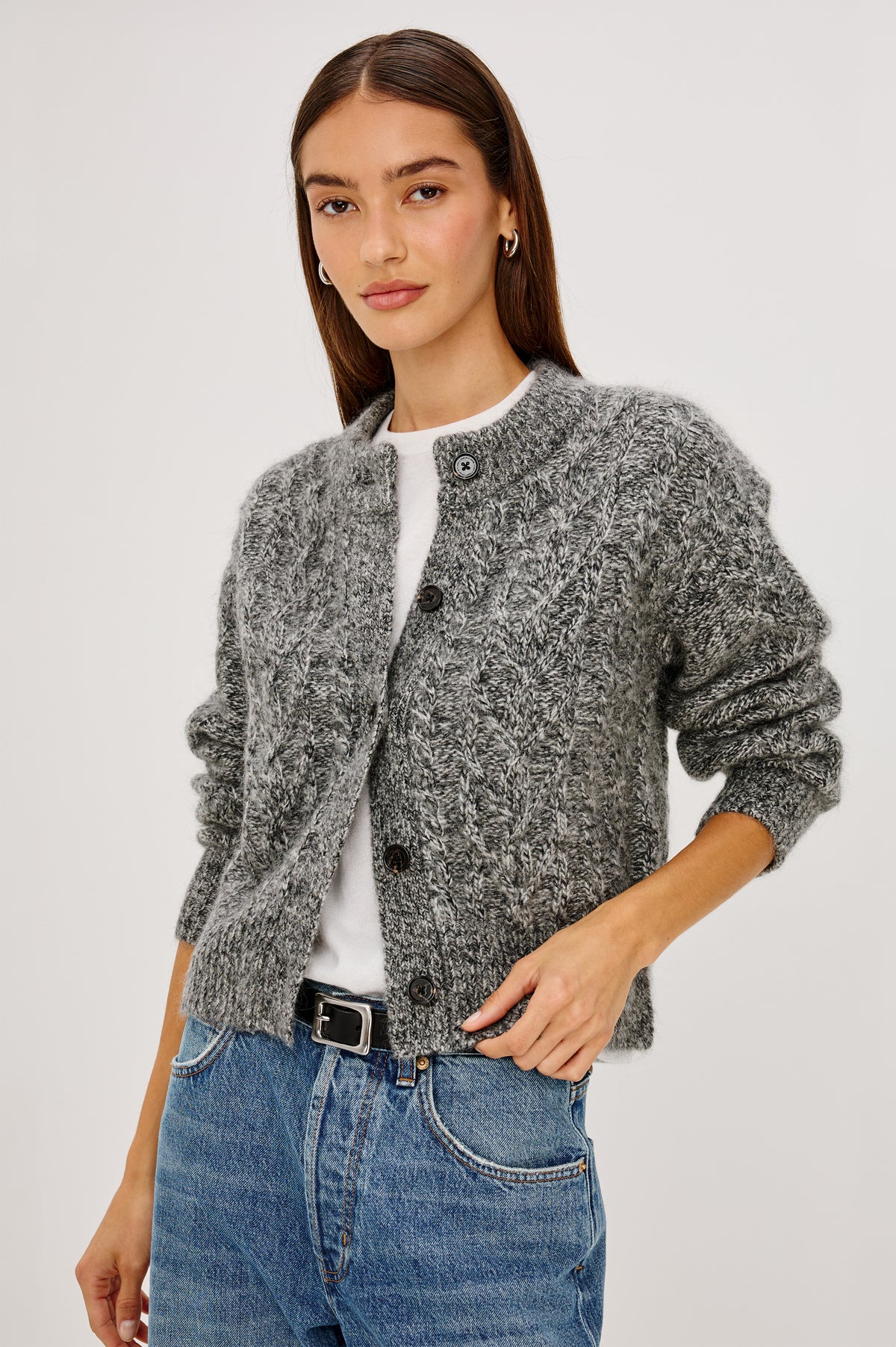 Amelie Cardigan in Cable Knit Wool-Cotton Blend, Crewneck, and Front Button Closure in Grey Colorway - Upper Body Front View Featured on Model