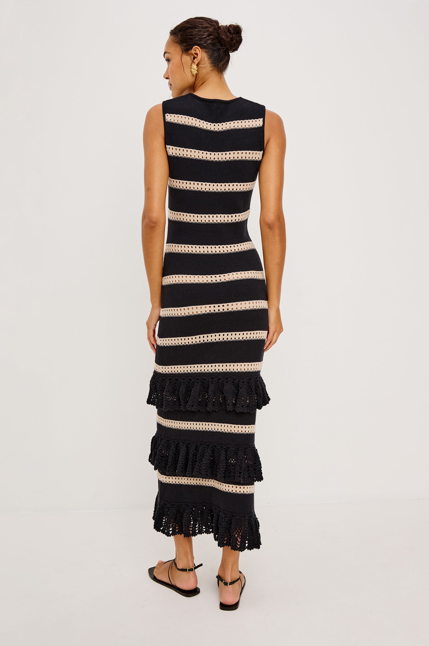 Ana Maxi Dress in Cotton Blend Crochet Knit With Tiered Hem in Black Oat Stripe Colorway - Full Body Back View Featured on Model