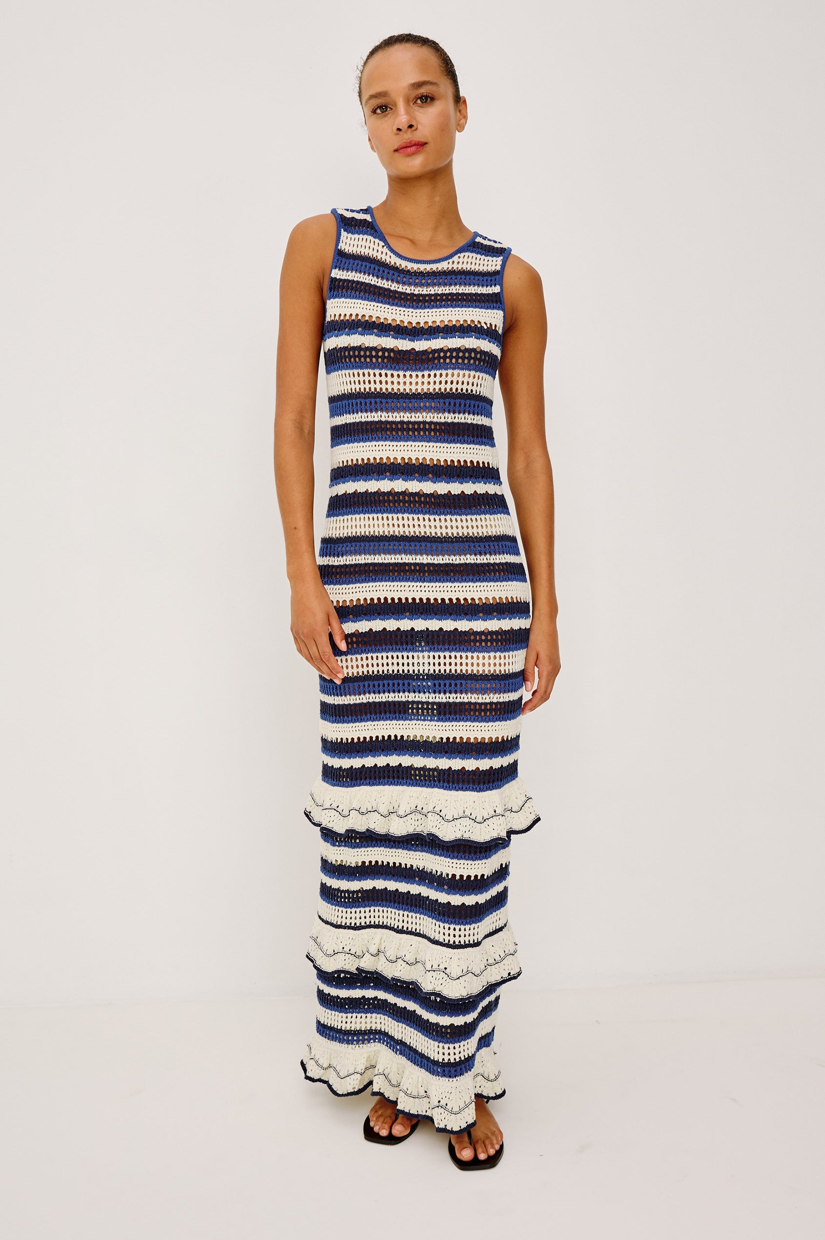 Ana Maxi Dress in Cotton Blend Crochet Knit With Tiered Hem in Crete Stripe Colorway - Upper Body Front View Featured on Model