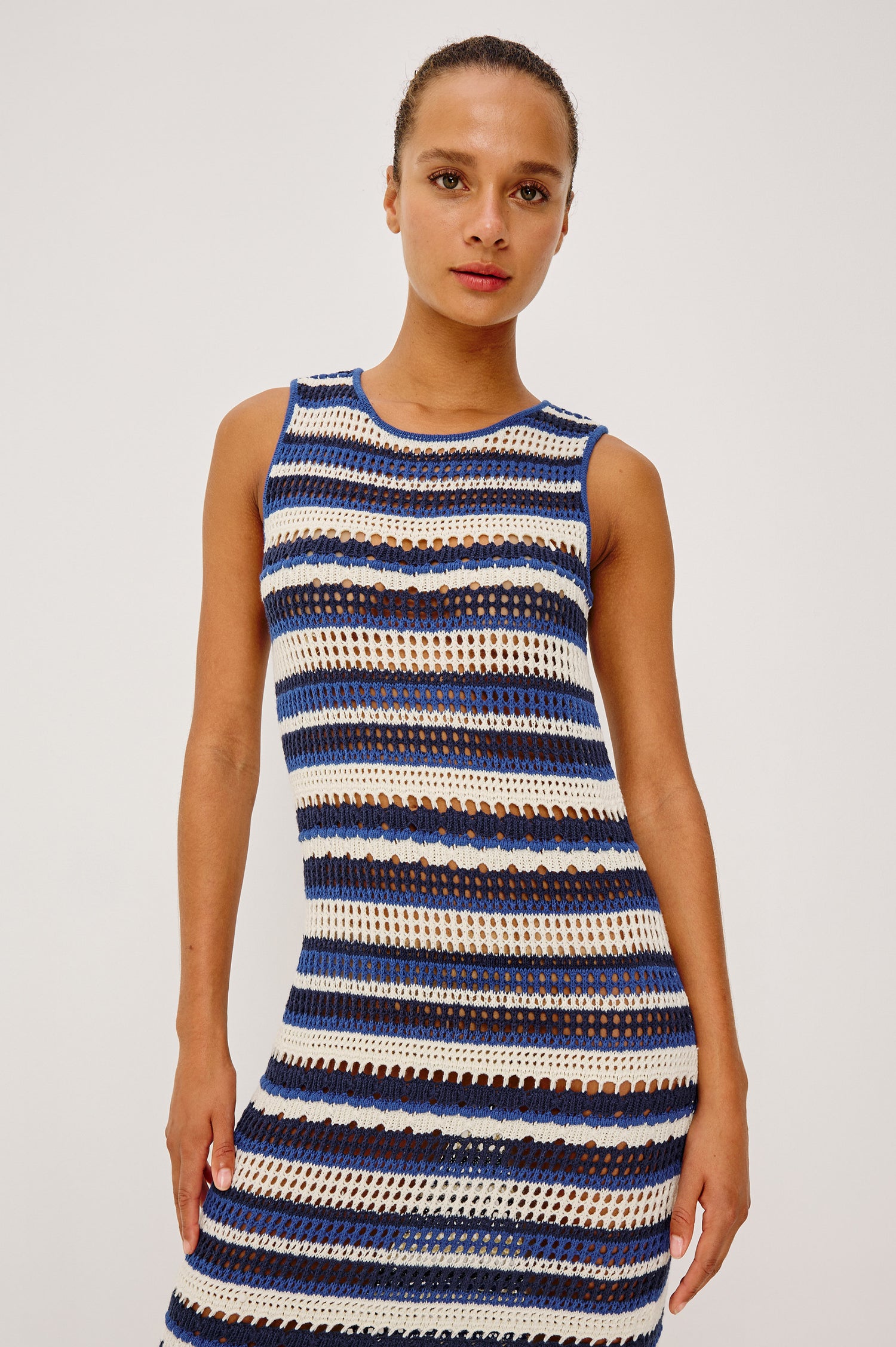 Ana Maxi Dress in Cotton Blend Crochet Knit With Tiered Hem in Crete Stripe Colorway - Upper Body Front View Featured on Model