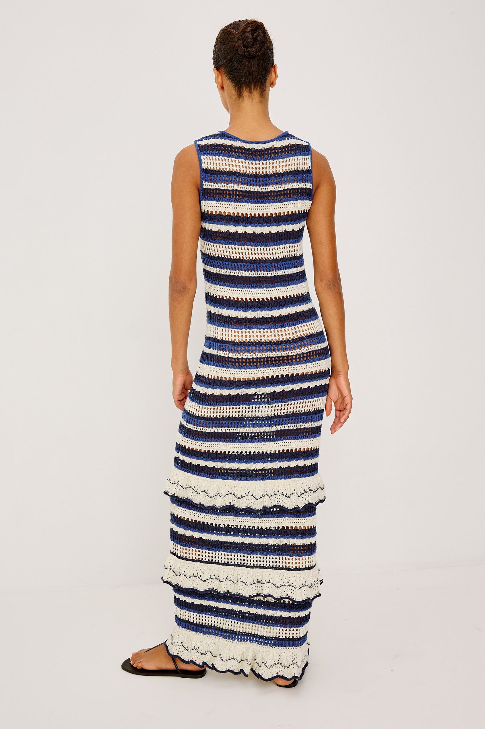 Ana Maxi Dress in Cotton Blend Crochet Knit With Tiered Hem in Crete Stripe Colorway - Full Body Back View Featured on Model
