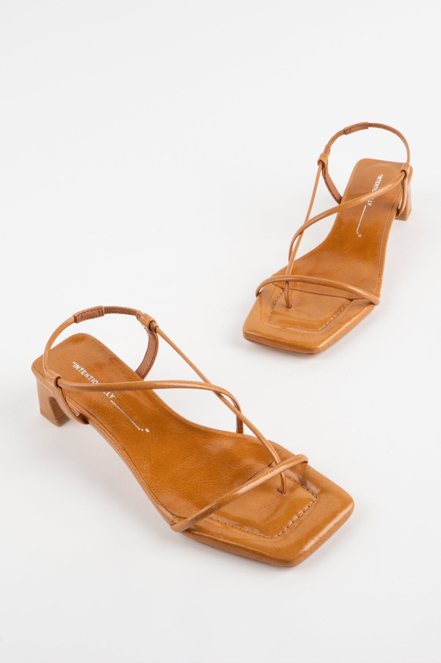 Anca strappy square toe kitten heel in Toffee - front view of both shoes