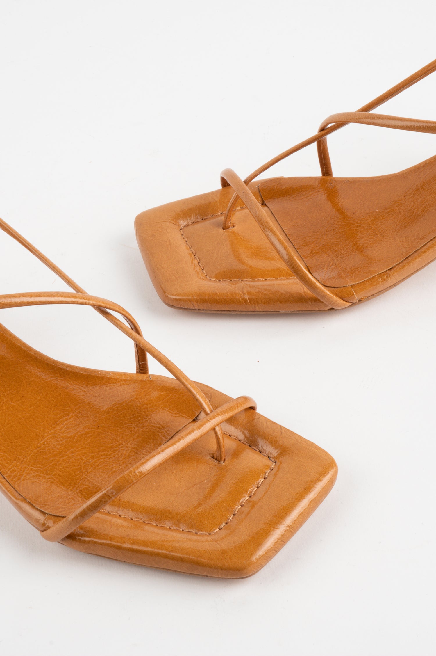 Anca strappy square toe kitten heel in Toffee - close up of straps at front