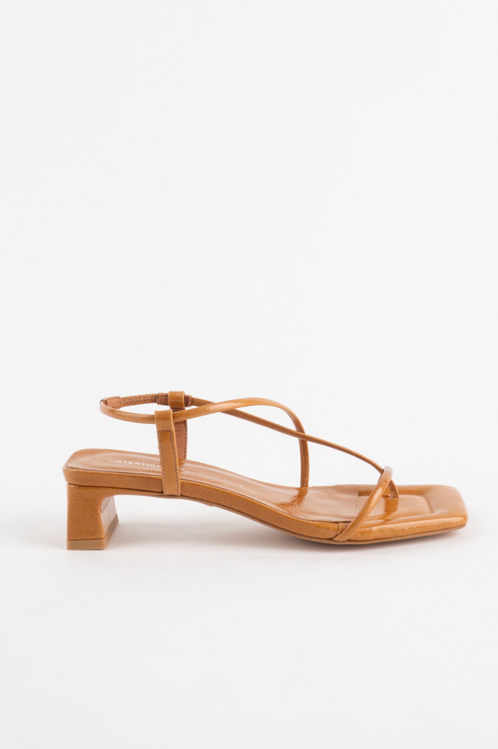 Anca strappy square toe kitten heel in Toffee - side view on single shoe