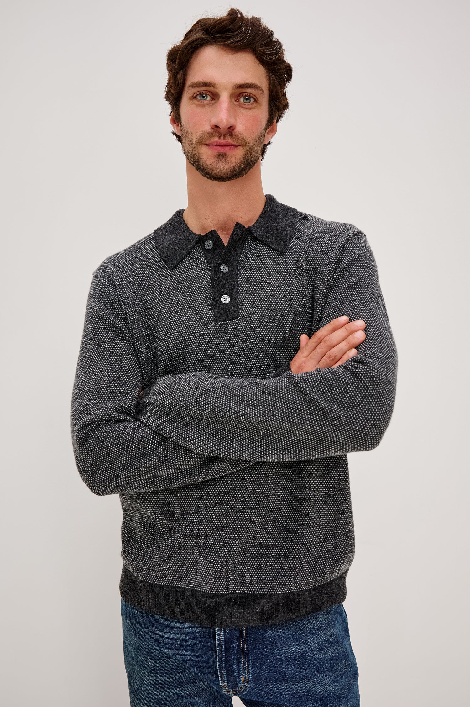 Anders Long Sleeve 3-Button Polo with Contrast Collar, Button Placket, Hem and Cuffs in Charcoal Ice Colorway. Front View Featured on Model.