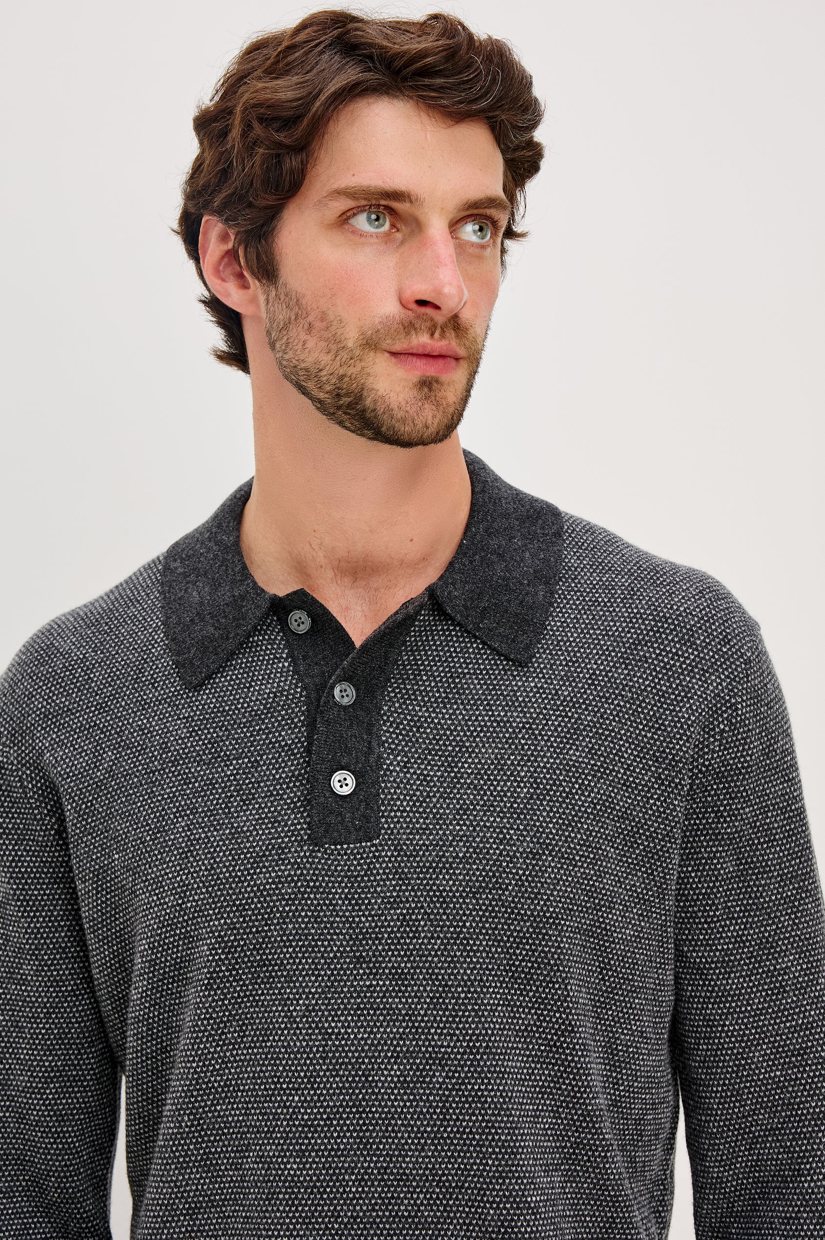 Anders Long Sleeve 3-Button Polo with Contrast Collar, Button Placket, Hem and Cuffs in Charcoal Ice Colorway. Front Detail View Featured on Model.