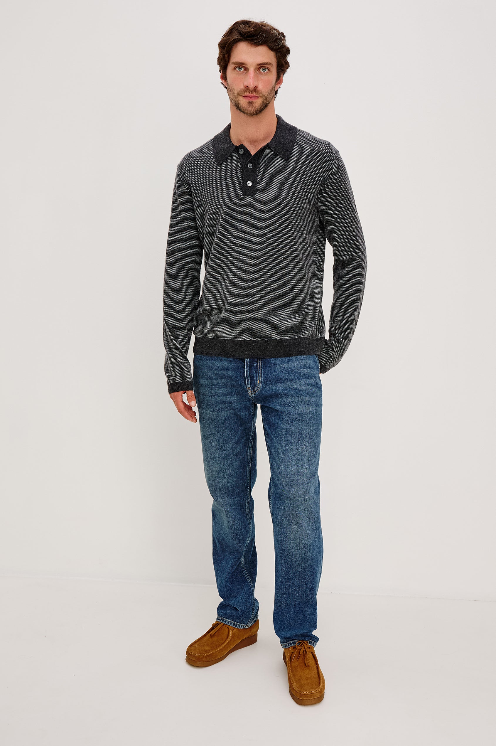 Anders Long Sleeve 3-Button Polo with Contrast Collar, Button Placket, Hem and Cuffs in Charcoal Ice Colorway. Front Full Body View Featured on Model.