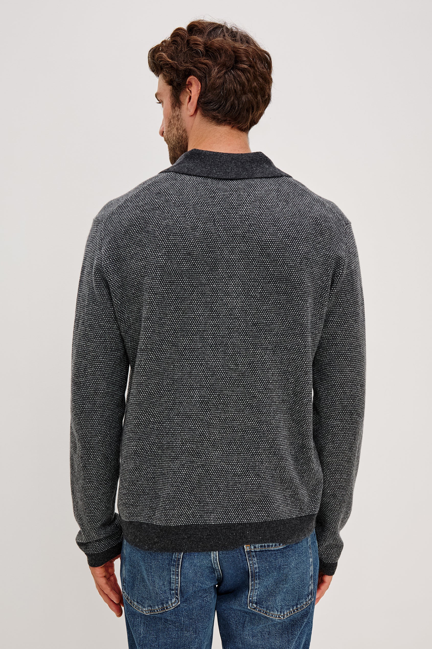 Anders Long Sleeve 3-Button Polo with Contrast Collar, Button Placket, Hem and Cuffs in Charcoal Ice Colorway. Back View Featured on Model.