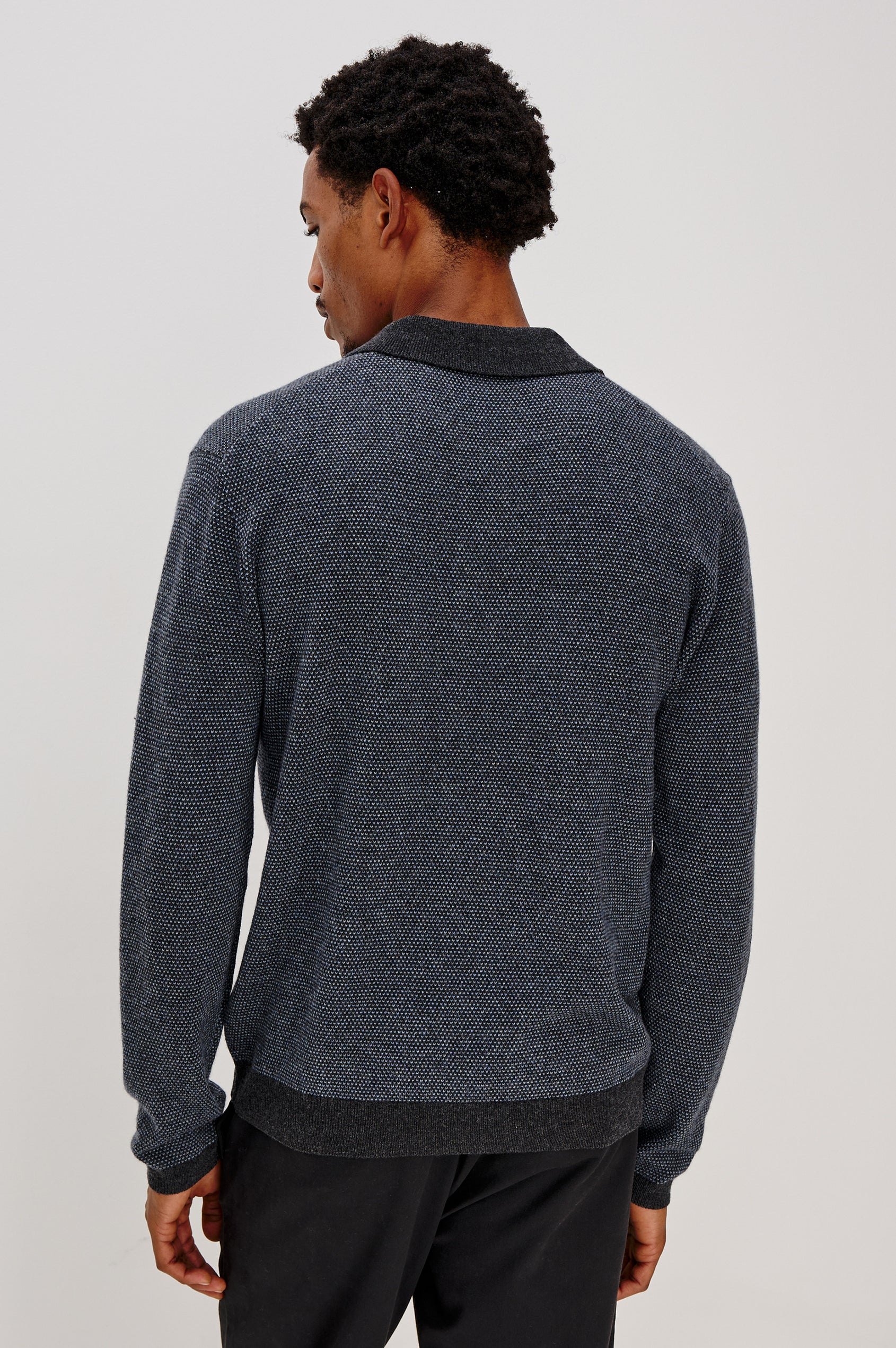 Anders Long Sleeve 3-Button Polo with Contrast Collar, Button Placket, Hem and Cuffs in Navy Blue Colorway. Back View Featured on Model.