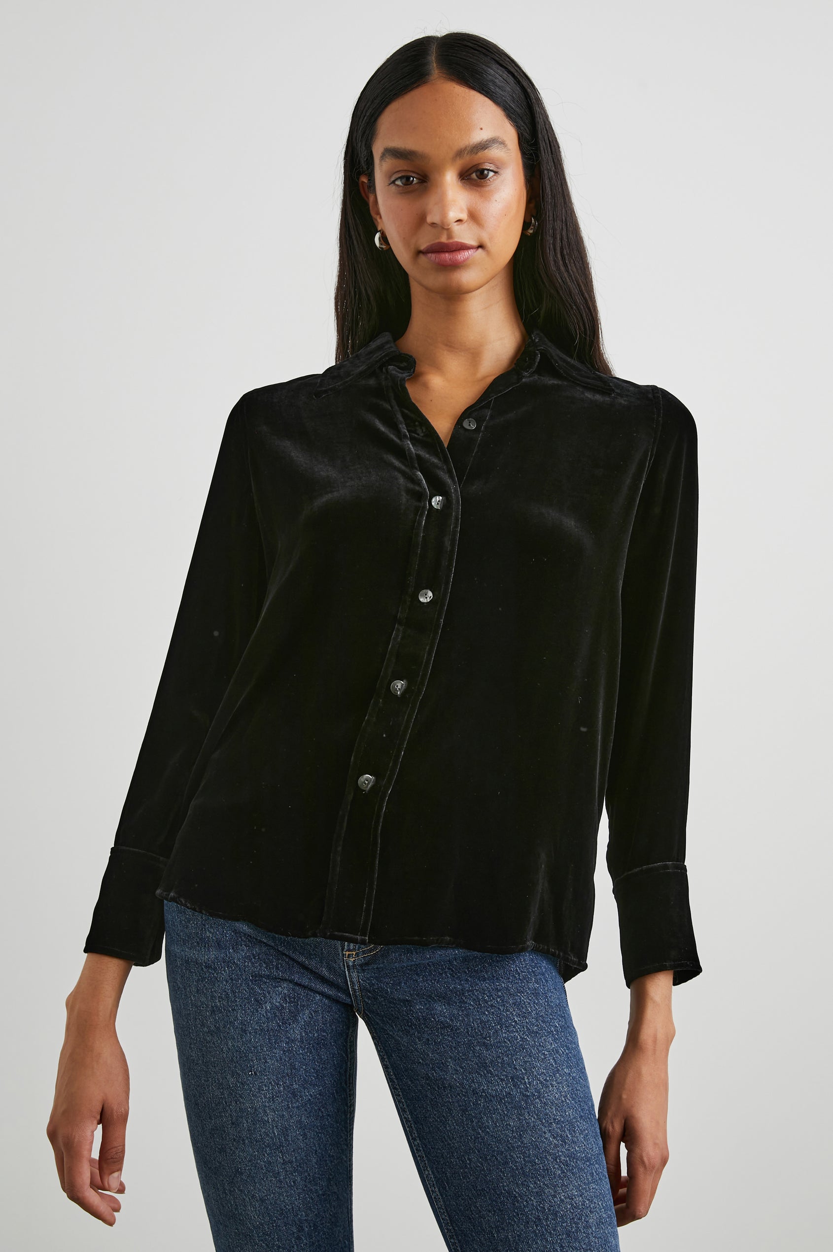 Andrea Long Sleeve Button Up in Black Velvet Colorway - Front View Featured on Model 