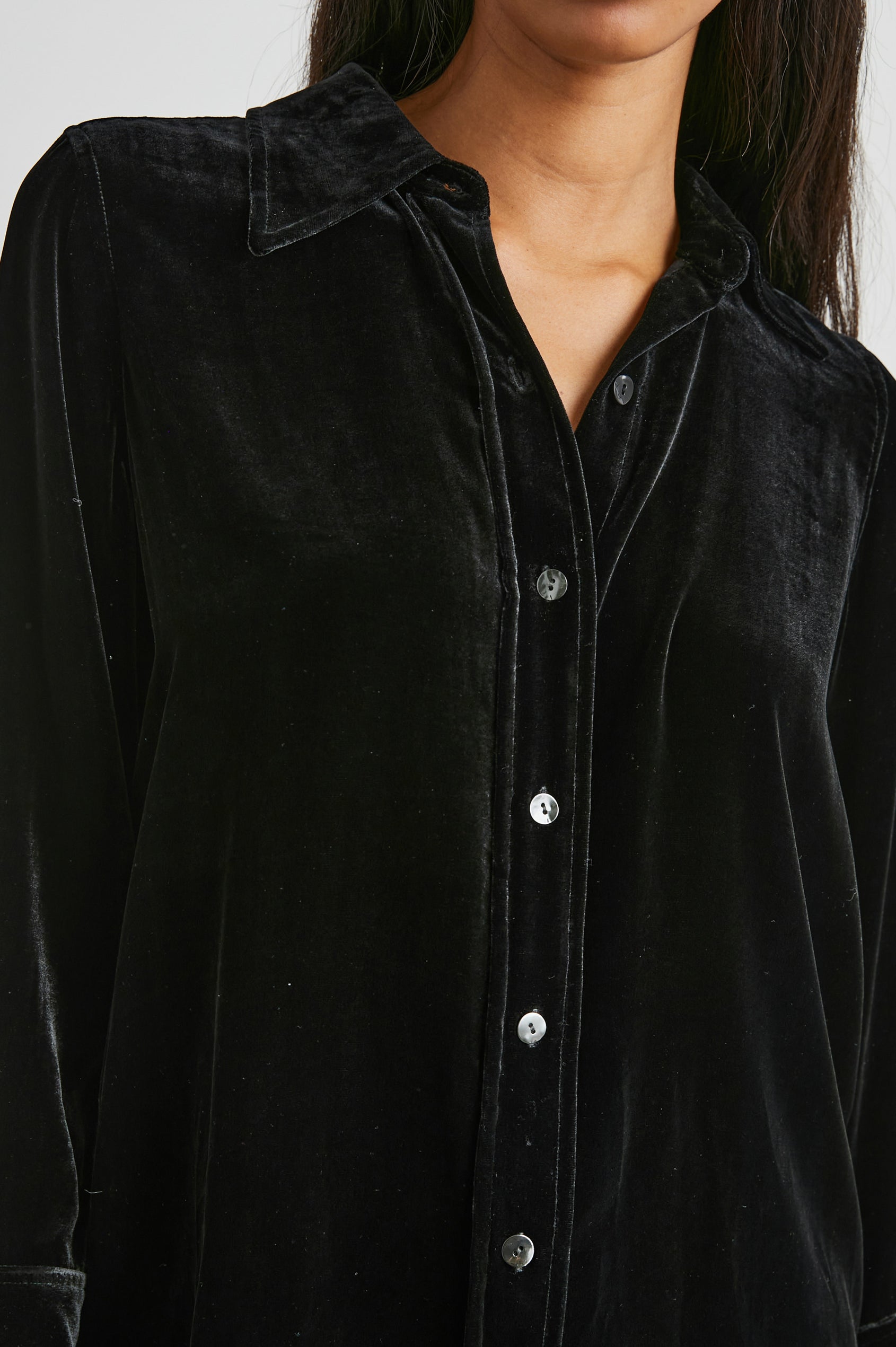 Andrea Long Sleeve Button Up in Black Velvet Colorway - Front Tucked View Featured on Model 