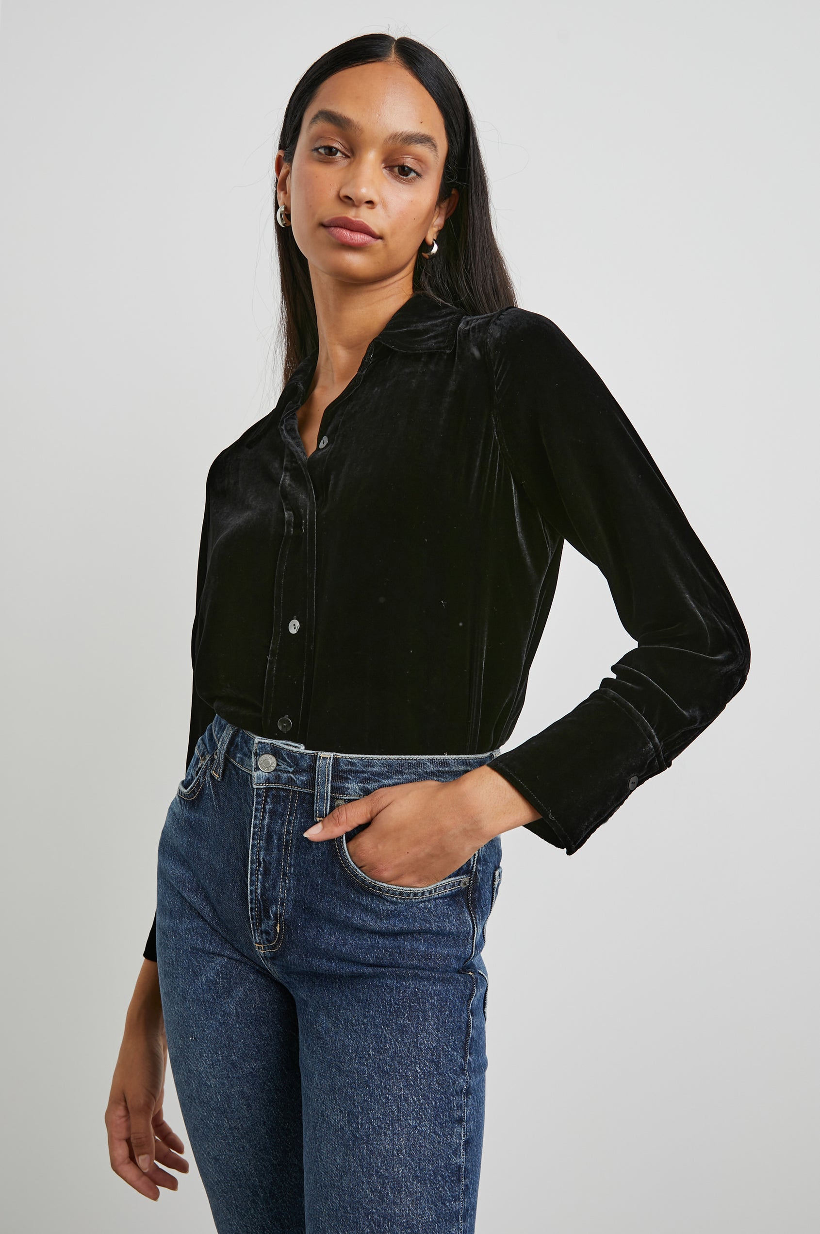 Andrea Long Sleeve Button Up in Black Velvet Colorway - Front Tucked View Featured on Model 