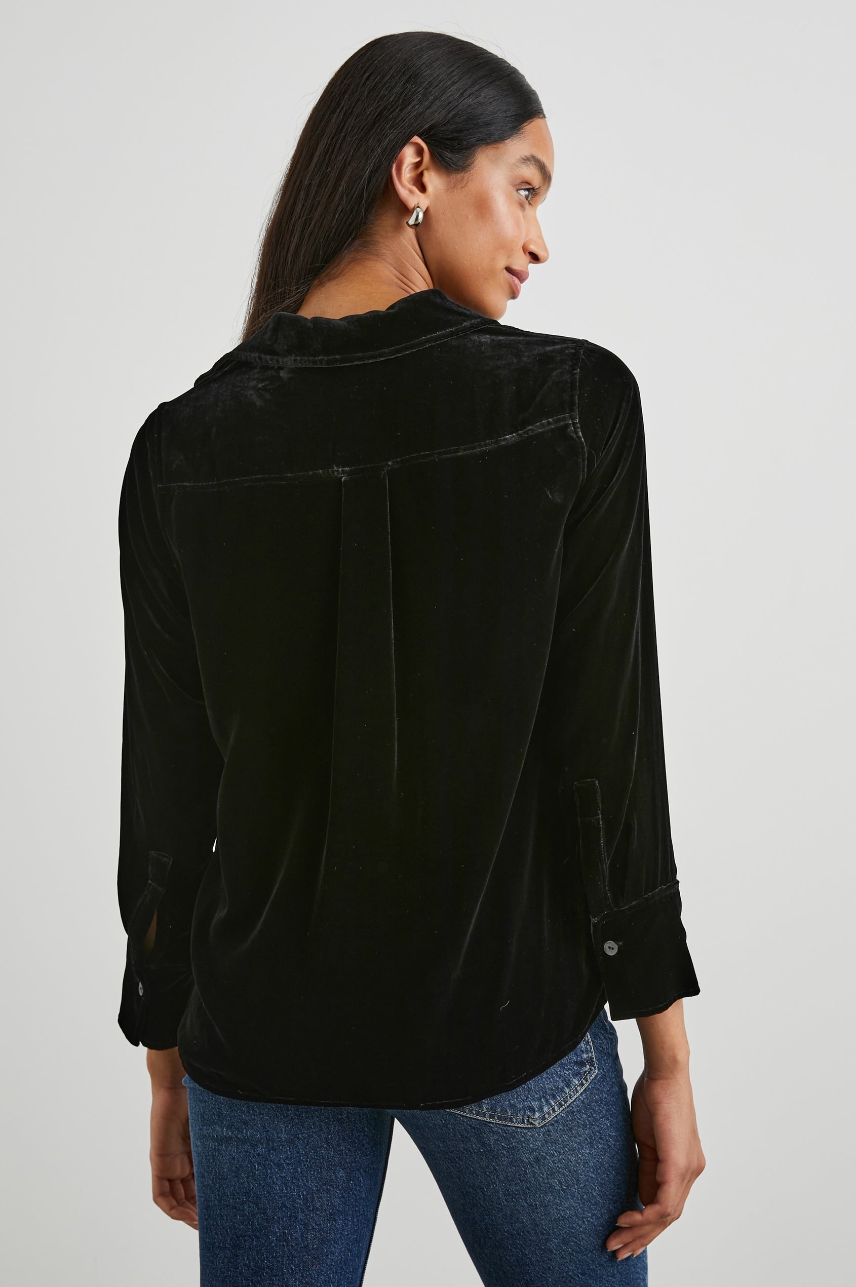 Andrea Long Sleeve Button Up in Black Velvet Colorway - Back View Featured on Model 
